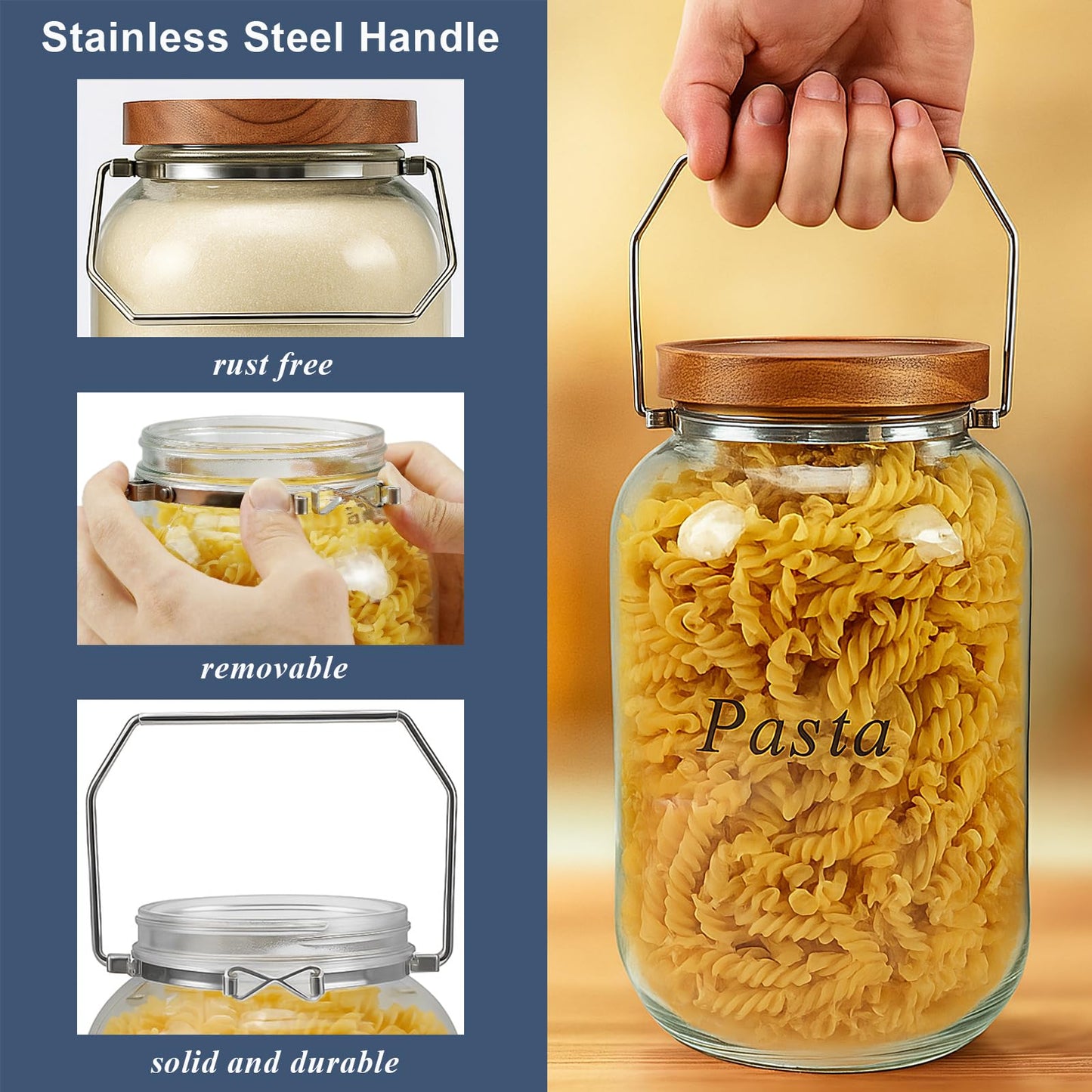 YoenKtss 2 Pack Glass Flour Sugar Storage Containers with Handle, 1 Gallon Glass Jars with Airtight Lid, Wide Mouth Large Mason Jars 128oz for Rice, Pasta, Oats, Coffee Storage
