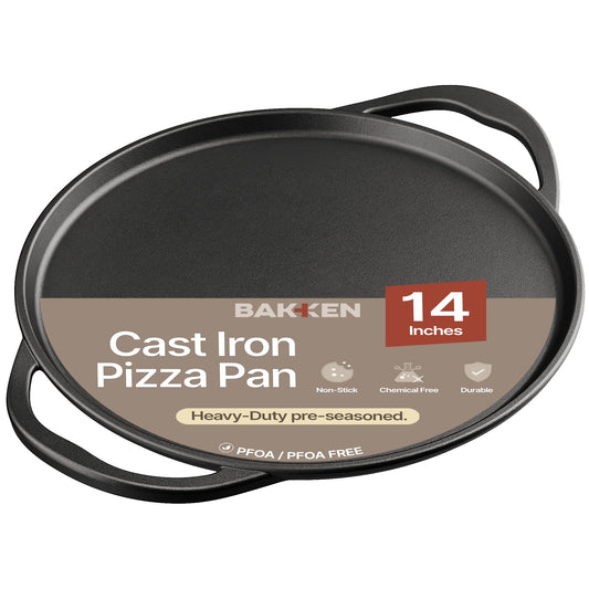 Bakken Cast Iron Pizza Pan 14 Inch, Naturally Pre-Seasoned Nonstick Baking Pan, Heavy-Duty for Oven, Grill, Stovetop, or Campfire, Dual Handles, Heat Retention for Crispy Crust Results, Easy to Clean