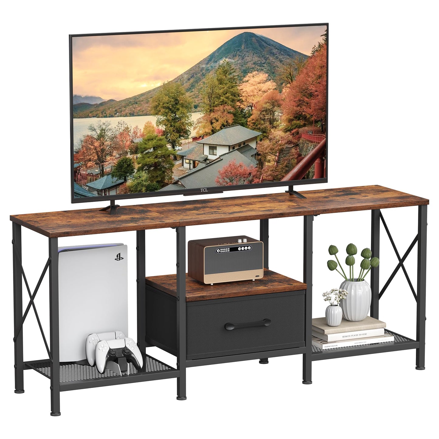 JARHETUN TV Stand with Fabric Drawer, Entertainment Center for 50 55 Inch TV, Industrial TV Console Table with Open Storage Shelves for Living Room, Bedroom, Rustic Brown