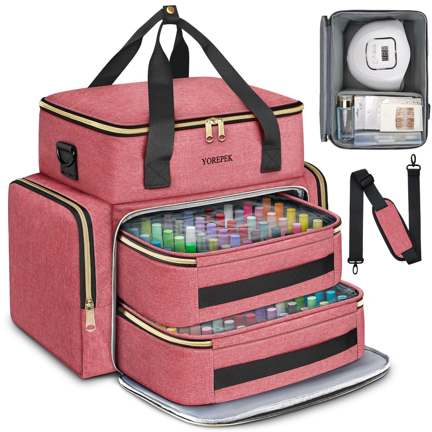 YOREPEK Nail Polish Organizer Case With Foam Inserts Protect Up 96 to 100+ Bottles (15ml/0.5 fl.oz) UV lamp, Travel Nail Tech Carrying Case with Adjustable Space for Gel Dip Powder Tips Set, Pink