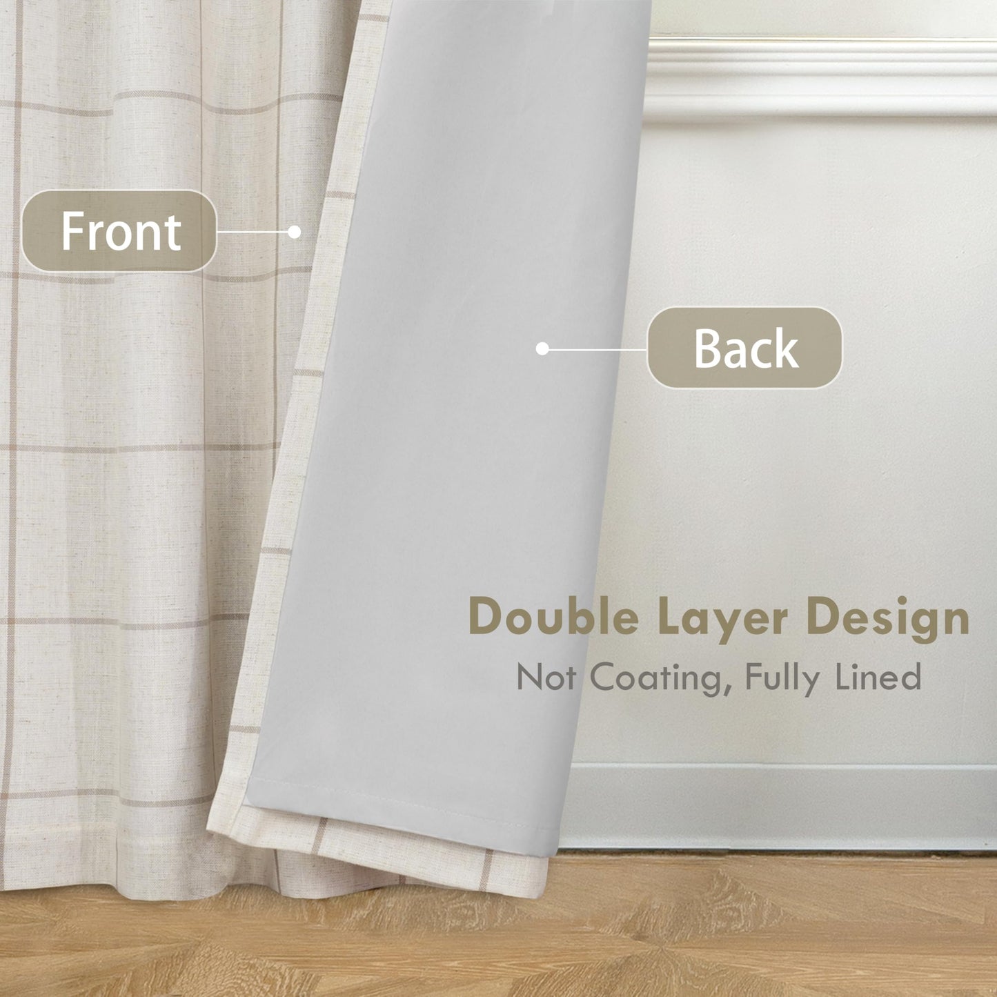 DriftAway 2 Panels 100% Blackout Windowpane Plaid Linen Curtains Double Layer Drapes for Bedroom 84 Inches Long Farmhouse Thermal Insulated 3.25 Inch Rod Pocket Back Tab for Living Room Taupe