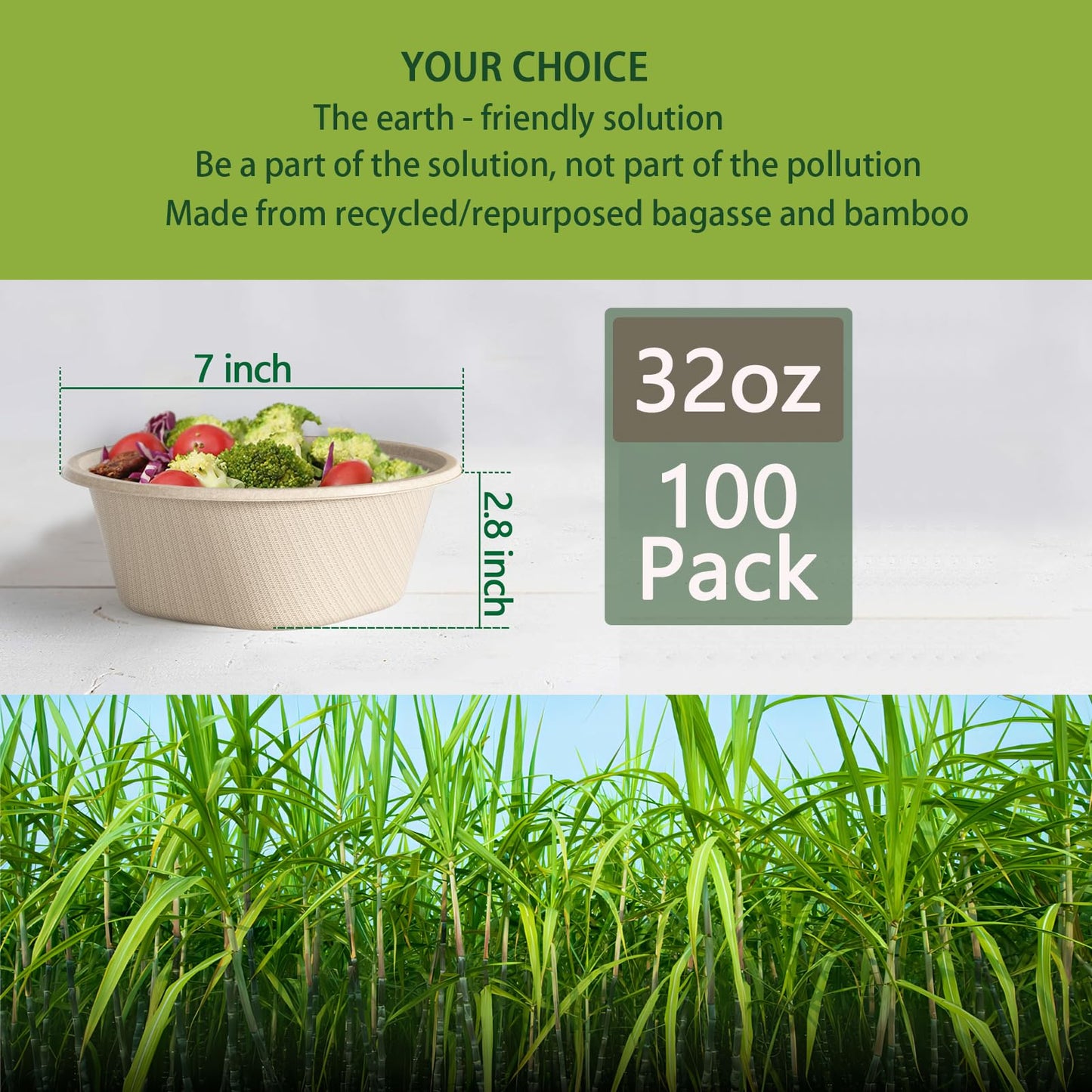 32 Ounce Large Paper Bowls Disposable Soup Bowl Disposable Heavy Duty Compostable Bowls, Eco-friendly Sugarcane and Bamboo Bagasse Biodegradable Bowl for Soup, Salad, Dessert, Ice Cream [100 Pack]