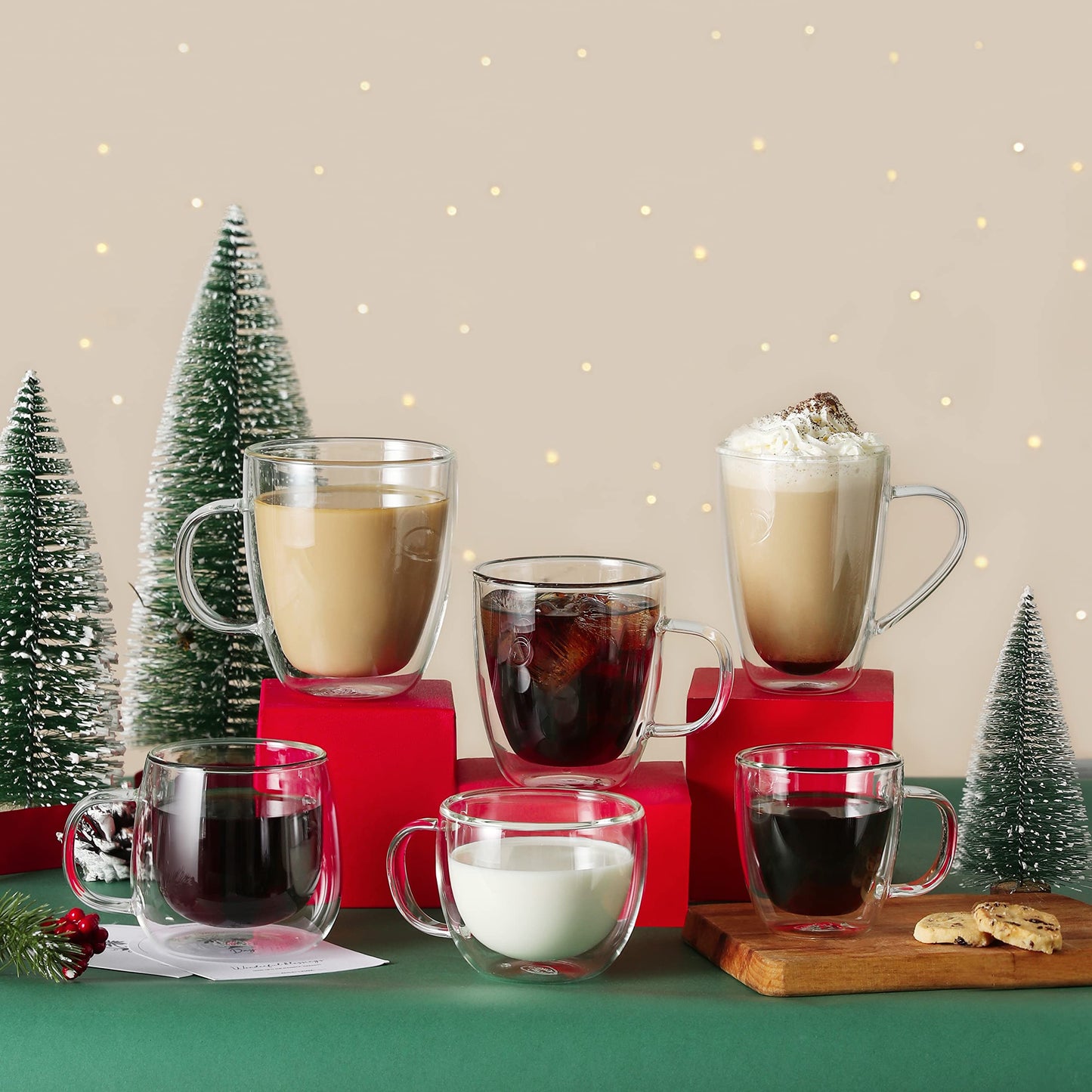 CNGLASS 8oz Double Wall Glass Coffee Mugs,Clear Insulated Espresso Glass Mugs with Handle for Latte,Cappuccino,Coffee,Set of 4