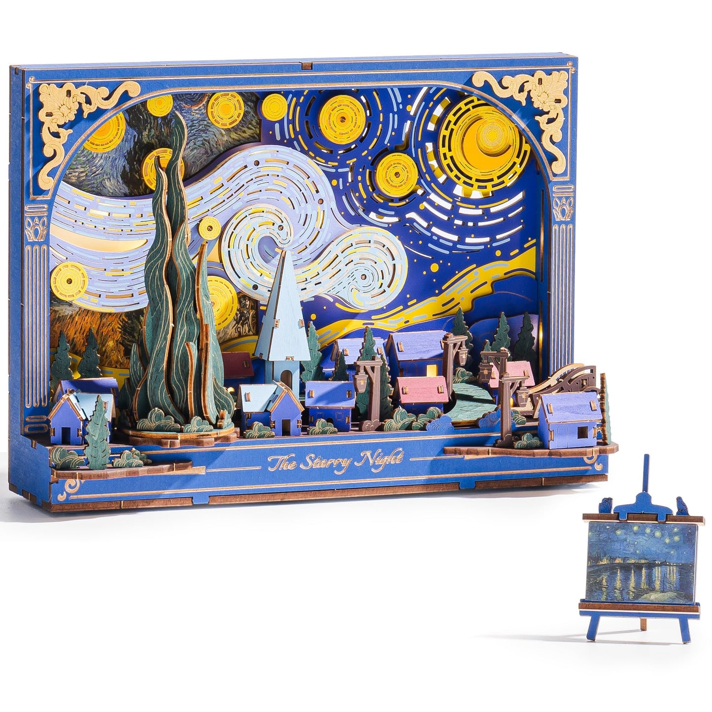 Rowood Starry Night 3D Puzzle Building Set with LED,Wooden Vincent Van Gogh Painting Artwork Craft Kits for Adults,Home Decor Botanical Collection Gift on Christmas