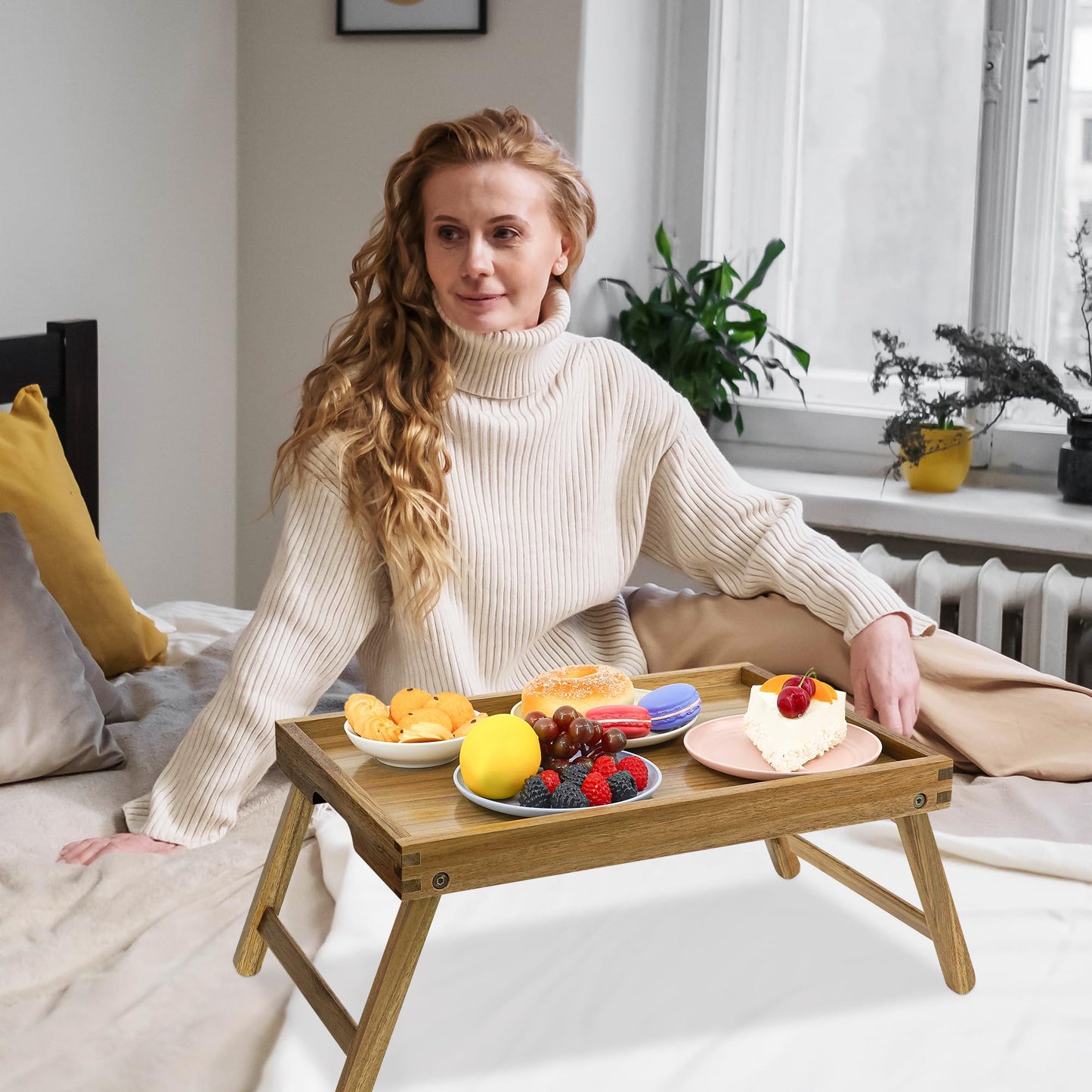 VaeFae Acacia Bed Table Tray, Wooden Breakfast Tray with Folding Legs, Bed Tray for Eating and Laptop, Eating Trays for Bedroom, (2 Pack)