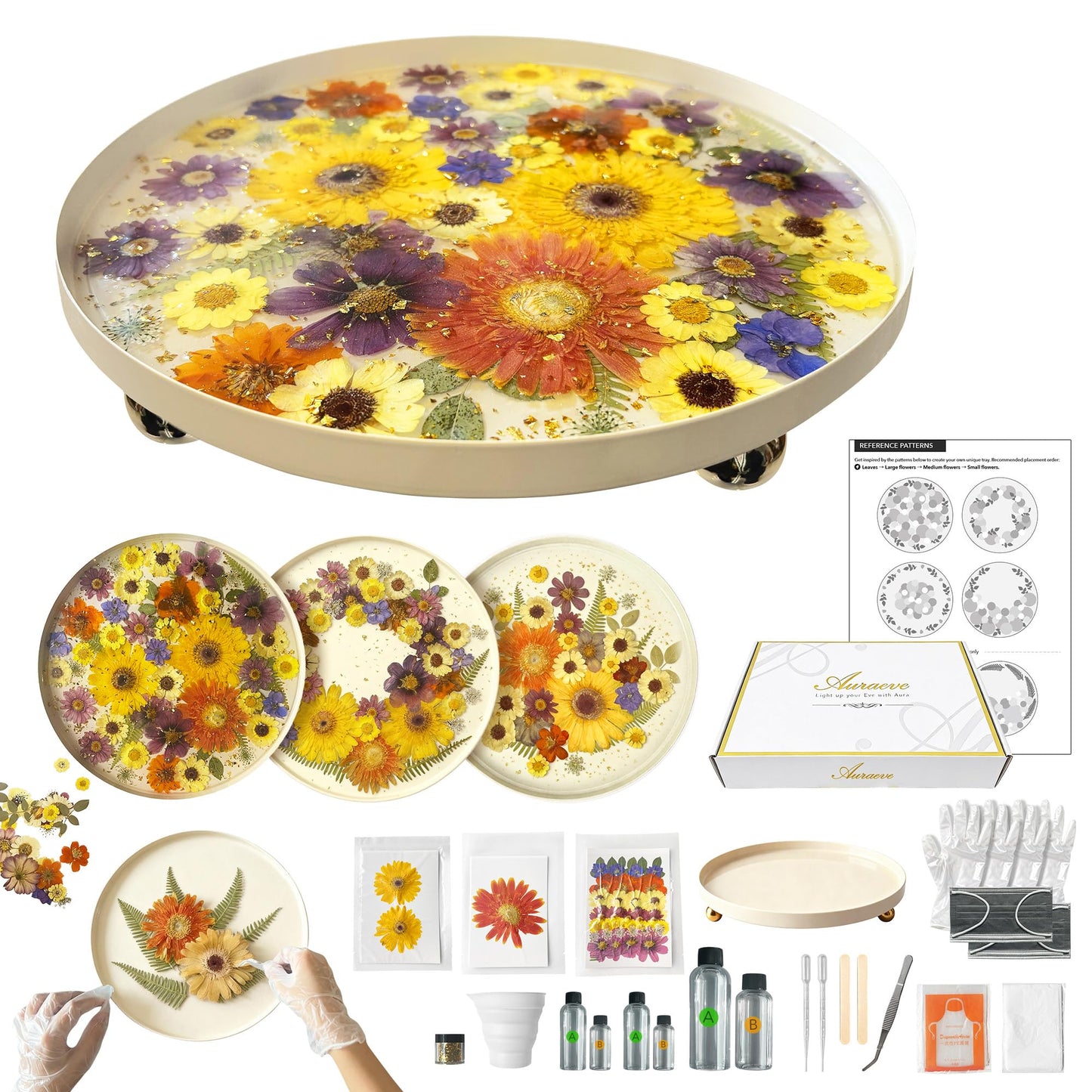 Masterpiece Decor Trays DIY Resin Kit with Real Pressed Roses, Elegant Metal Base, Gold Flakes, Beginner-Friendly Guide with Design Ideas, No Skills Needed, Just Fun! (11.8*11.8 Inch, White-Pro)