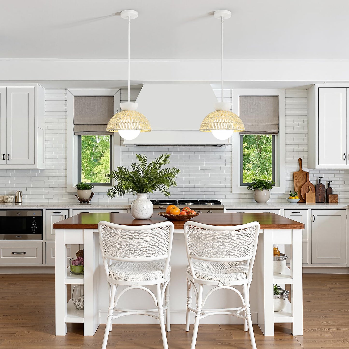 Pendant Light Kitchen Island - 11.8" Rattan Dining Room Light Fixtures over Table Hand-Woven Boho Pendant Light Fixtures with Milk Glass Globe, Adjustable Hanging Light for Bedroom Entryway Foyer