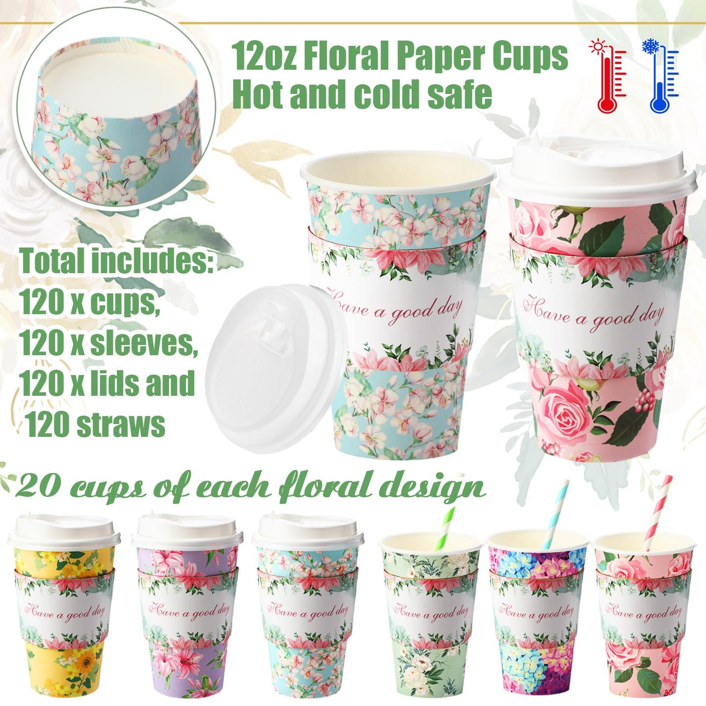 Jingmore 120 Set 16oz Disposable Paper Coffee Cups with Lids Sleeves Straws Holiday Paper Drinking Cups Bulk for Hot Cold Beverages Home Business Cafe Birthday Party Supplies (Floral)
