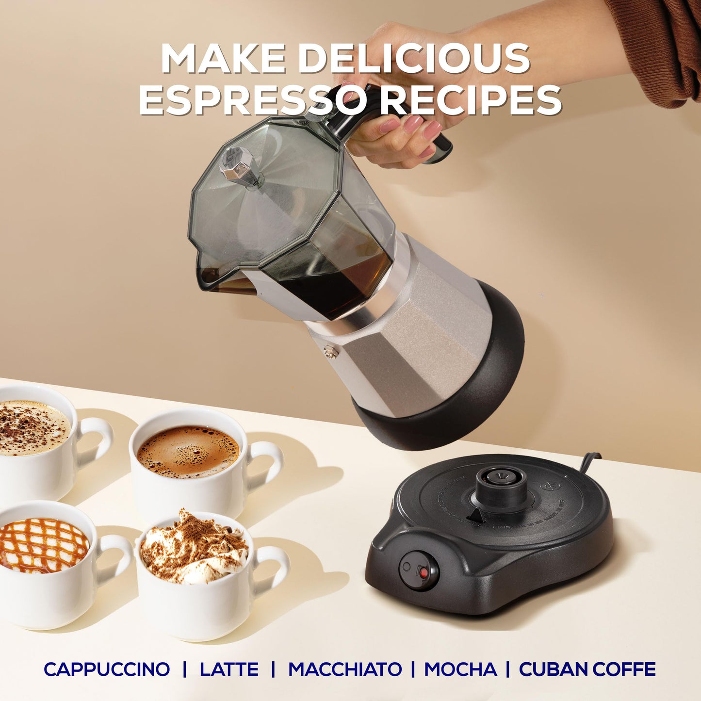 universal Electric Moka Pot 6 Cup (300ml), Cuban Coffee Maker 480W, Portable Espresso Maker with Detachable Base, Easy One-Touch Brewing, No Stove Needed