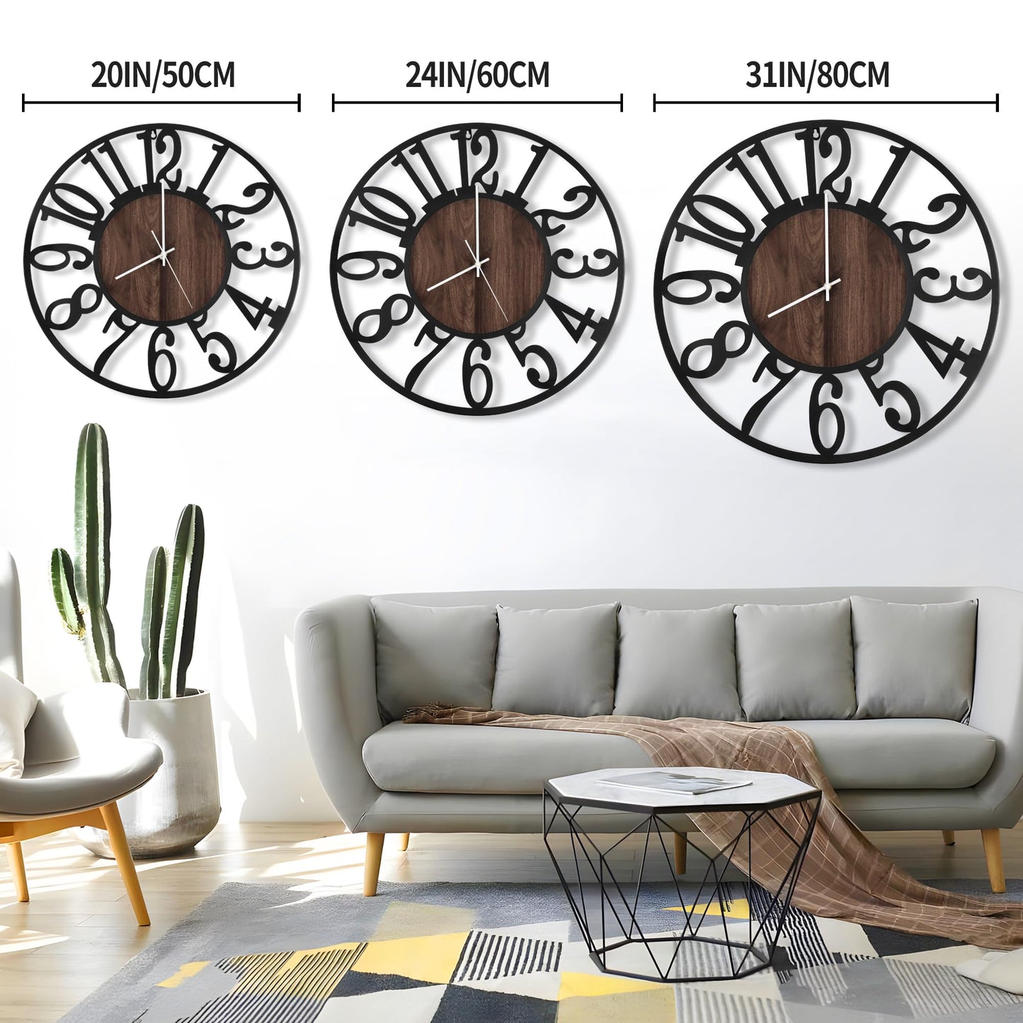 LEIKE Large LED Wall Clocks,Silent,Non Ticking,Battery Operated Rustic Round Modern Big Wood Wall Clock for Living Room, Bedroom,Kitchen,Farmhouse,Office,Home Decor -20" Black,LED,Arabic Number
