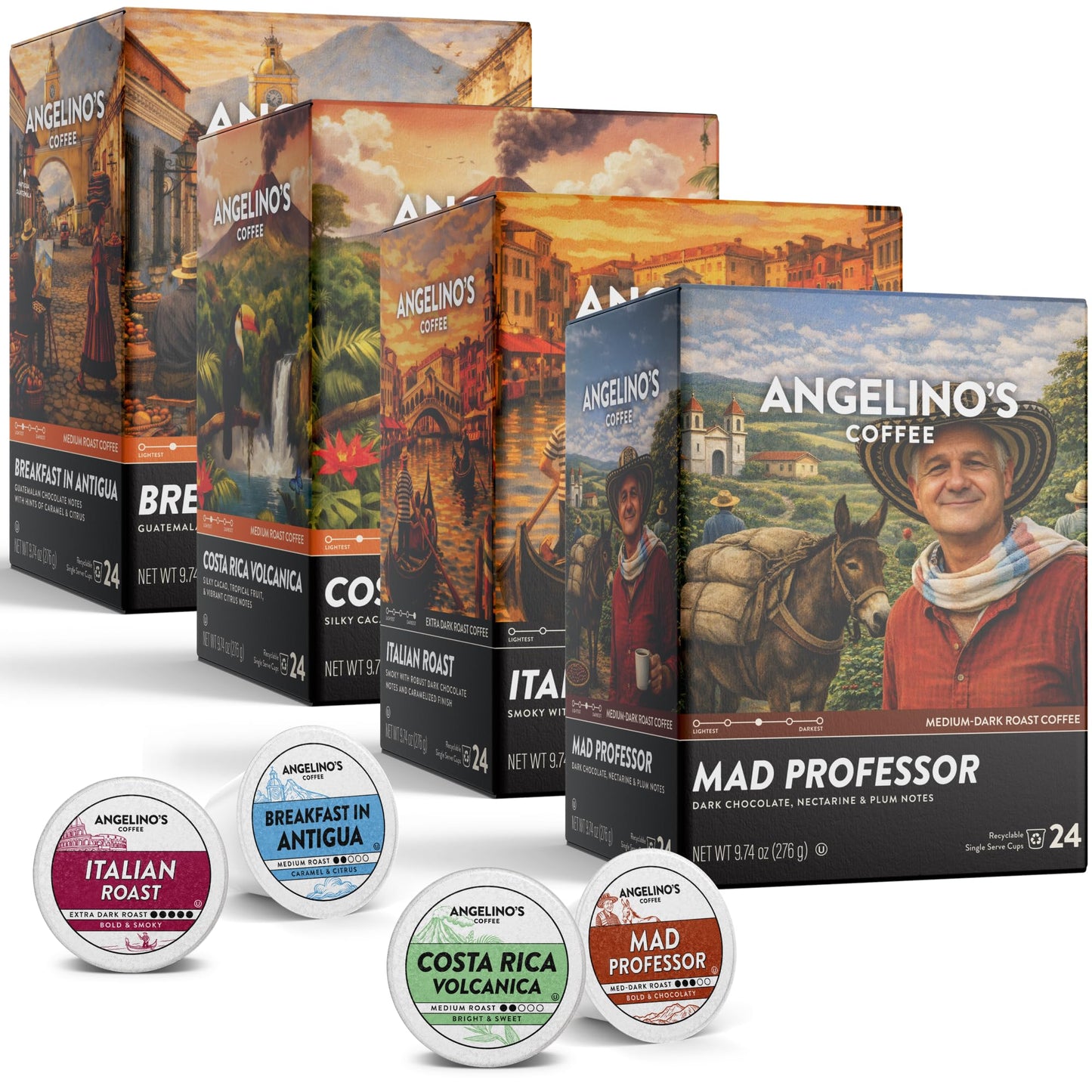 Angelino's Coffee Reserve Variety Pack, 96 Count – 4 Premium Single-Origin Blends, K Cup Compatible for Keurig – Italian Roast, Mad Professor, Breakfast in Antigua & Costa Rica Volcanica