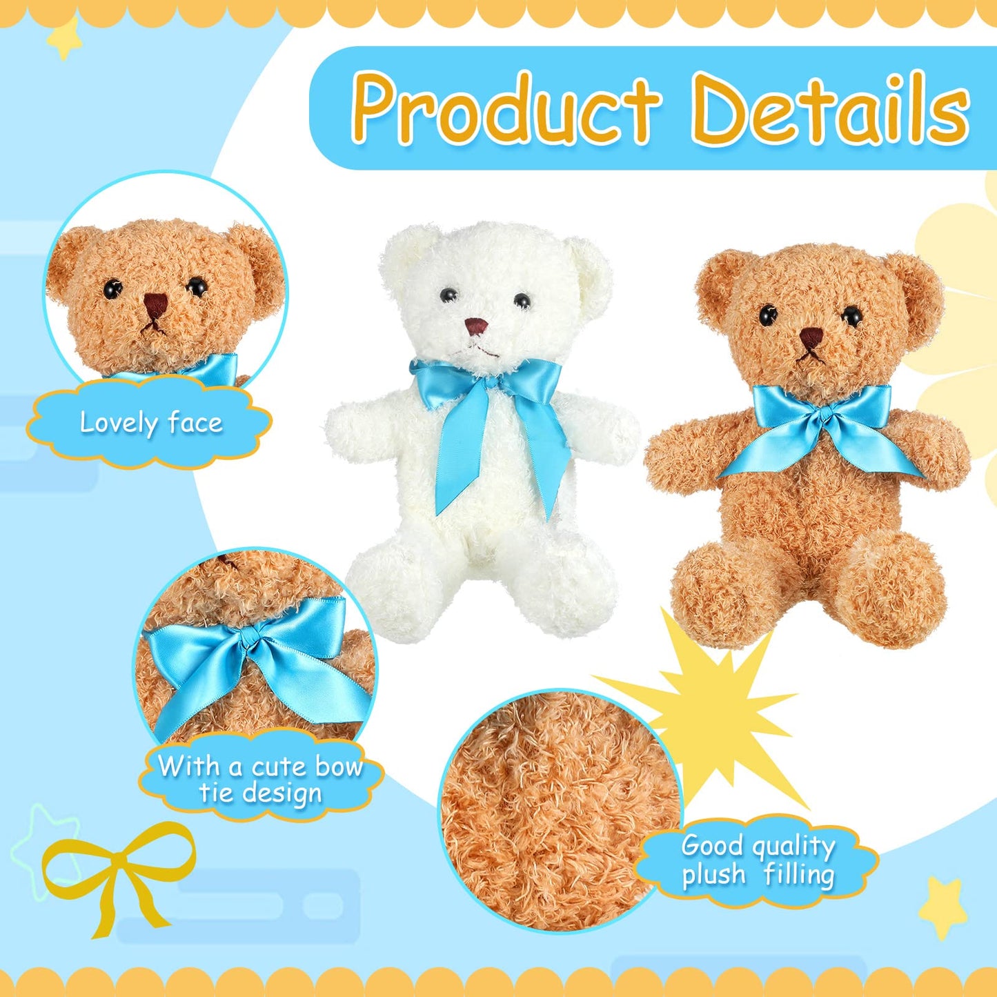 Kathfly 12 Pcs Valentine‘s Day Mini Stuffed Bears Bulk 10 Inch Small Plush Bears Bulk Cute Animal with Ribbon Bow Toy Gift for Birthday Wedding Party Valentine‘s Day Brown White(Blue)
