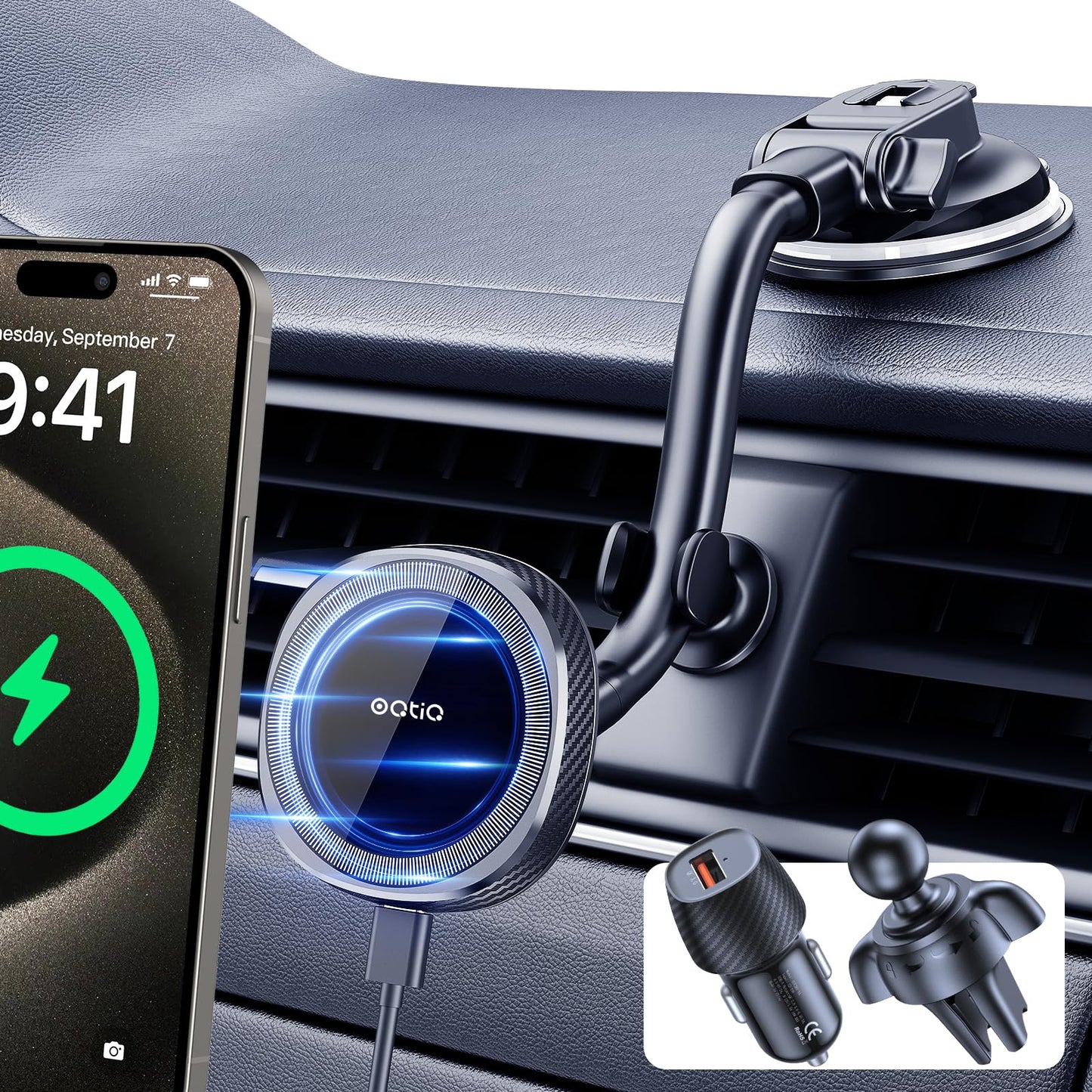 OQTIQ for MagSafe Car Charger, Magnetic Wireless Car Charger Compatible with iPhone 16 15 14 13 12 Series, 15W Fast Charging Car Phone Mount for Windshield Dashboard Air Vent [with QC 3.0 Adaptor]