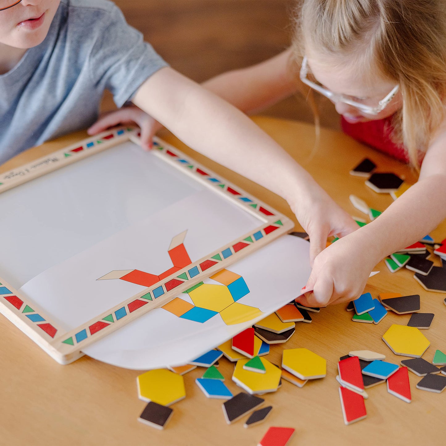 Melissa & Doug Deluxe Wooden Magnetic Pattern Blocks Set - Educational Toy with 120 Magnets and Carrying Case