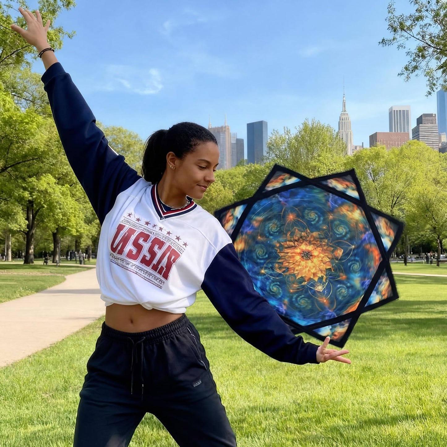 Teyva Daily 24.8'' UV Reactive Mandala Sunflower Flow Star Spinning Cloth for Beginners and Advanced Soft Cotton Flow Prop with Vibrant Colors Smooth Rotation for Dance Play Arts(Golden Mandala)
