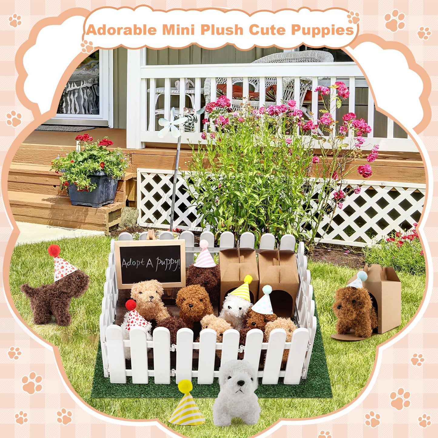 56Pcs Adopt A Puppy Party Favors Mini Plush Stuffed Animals Set Includes 14 Mini Dogs, Birthday Hats, White Plastic Fence with Artificial Lawn for Adopt A Pet Theme Birthday Party