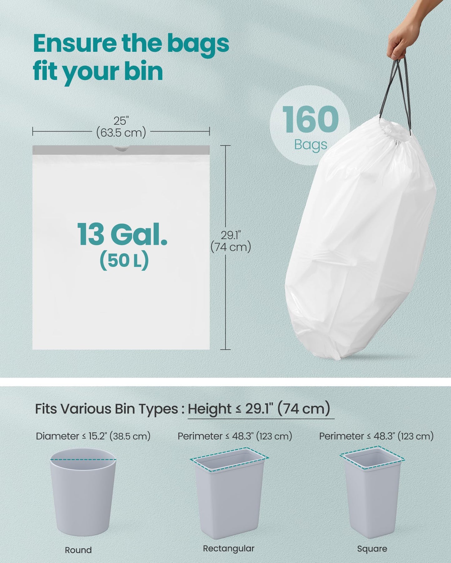 SONGMICS Trash Bags, Drawstring Kitchen Garbage Bags, Pre-Separated, Quick-Dispense Box, for 13-Gallon (50 L) Trash Cans, Liner Code K, 4 Rolls, 160 Count, White UKRB051A04