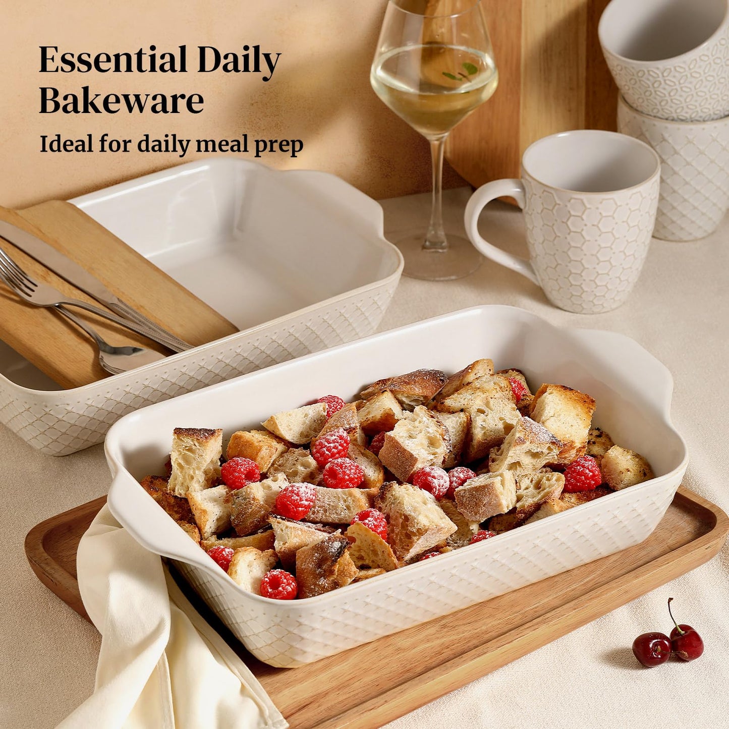 DOWAN 9x13 Deep Lasagna Baking Dish, Ceramic Casserole Dish for Oven, 4 Quarts Embossed Baking Pan with Handles, Oven Safe Bakeware for Roasting, Desserts, Durable & Giftable, Arctic White