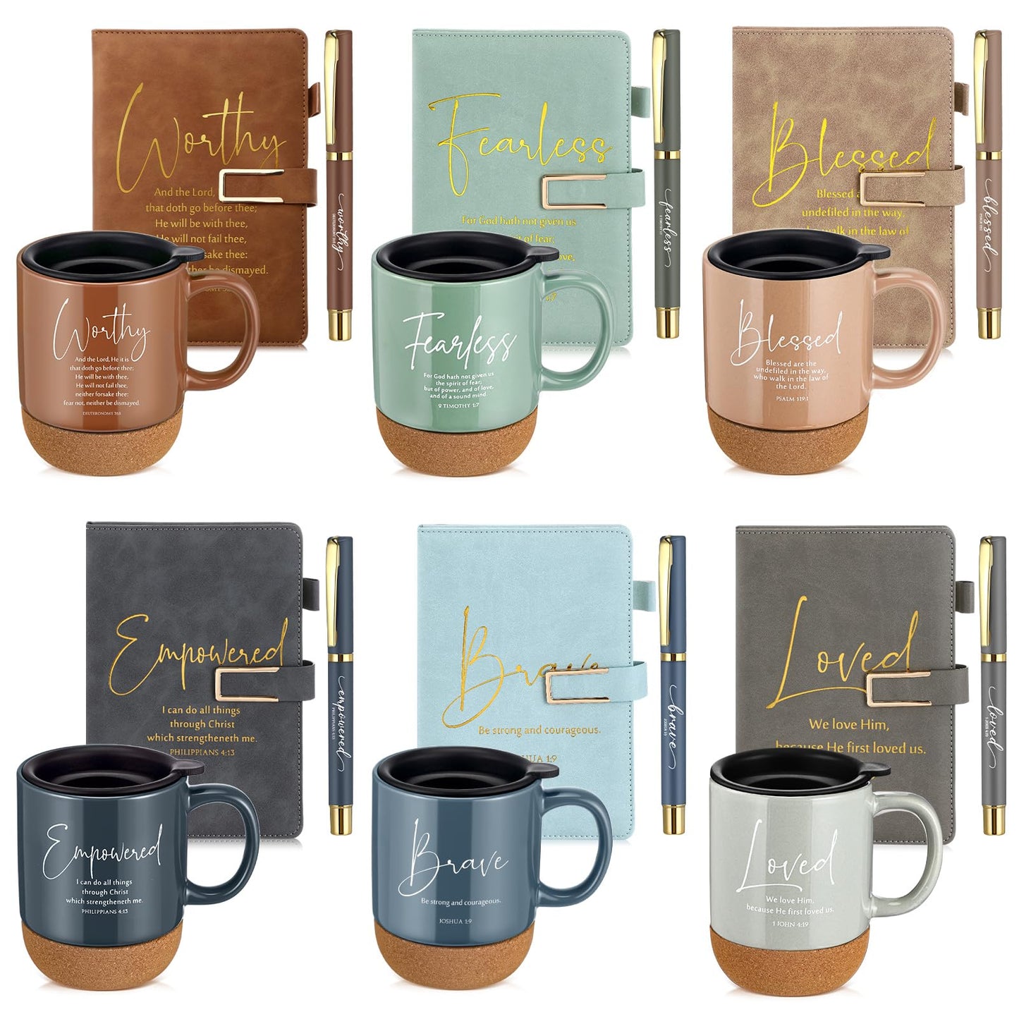 FillTouch 6 Set Fathers Day Christian Gifts for Men,Religious Church Gifts Bulk A5 Christian Journal Notebook 15 oz Bible Verse Ceramic Coffee Mug Pen Set for Office Supplies (Light Color,Classic)