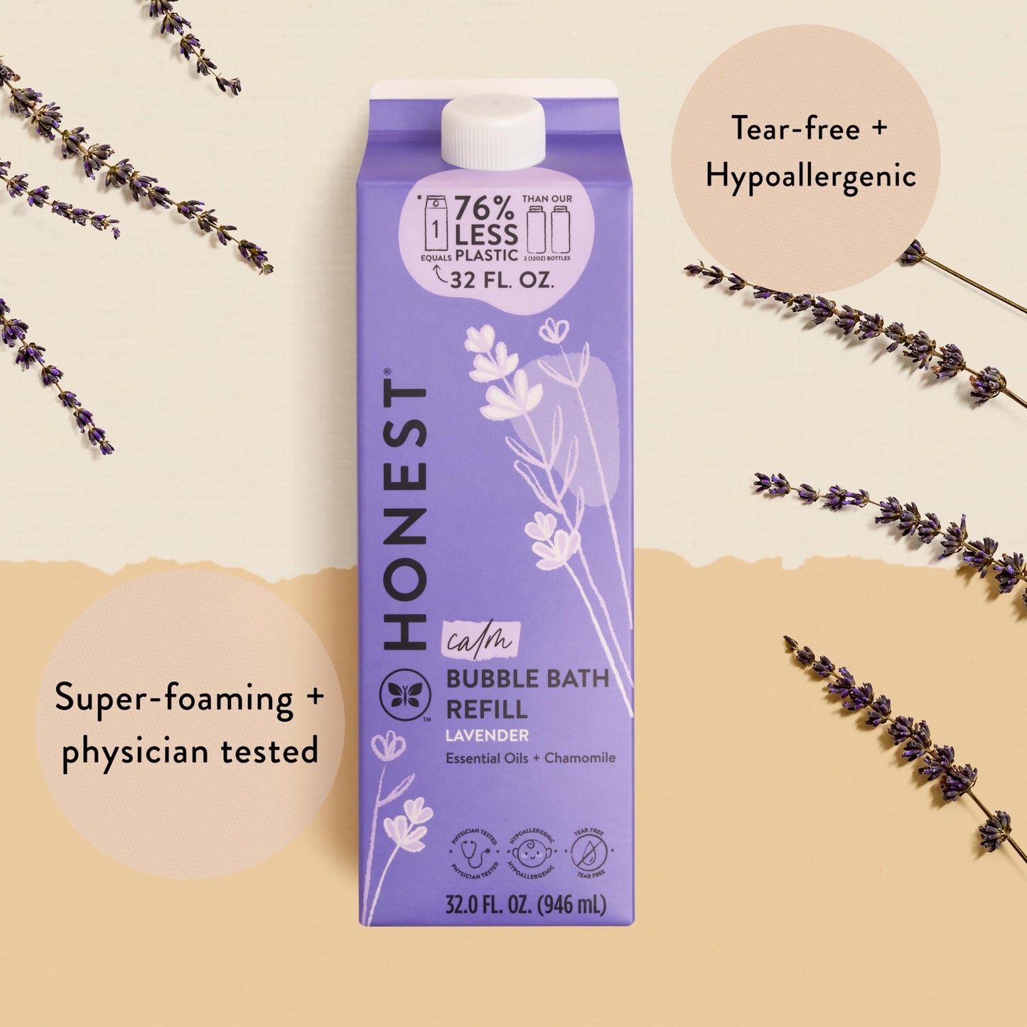 The Honest Company Foaming Bubble Bath Refill Carton | Gentle for Baby | Naturally Derived, Tear-Free, Hypoallergenic | Lavender Calm, 32 fl oz