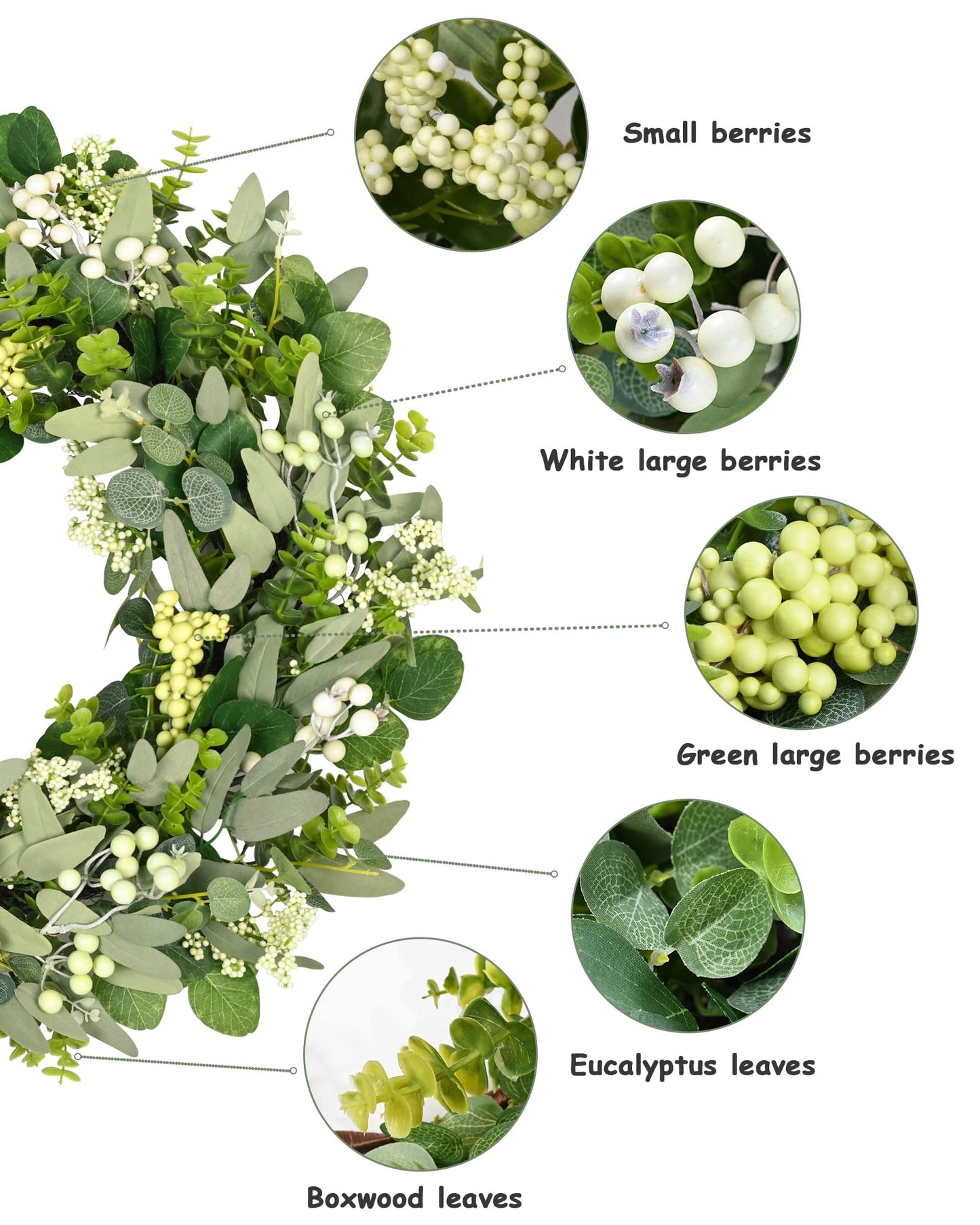 Vlorart 24-26 Inch Artificial Spring Summer Greenery Christmas Wreaths for Front Door Green Eucalyptus Leaf Wreath Decor Boxwood with Big Berries for Farmhouse Outside Year Round