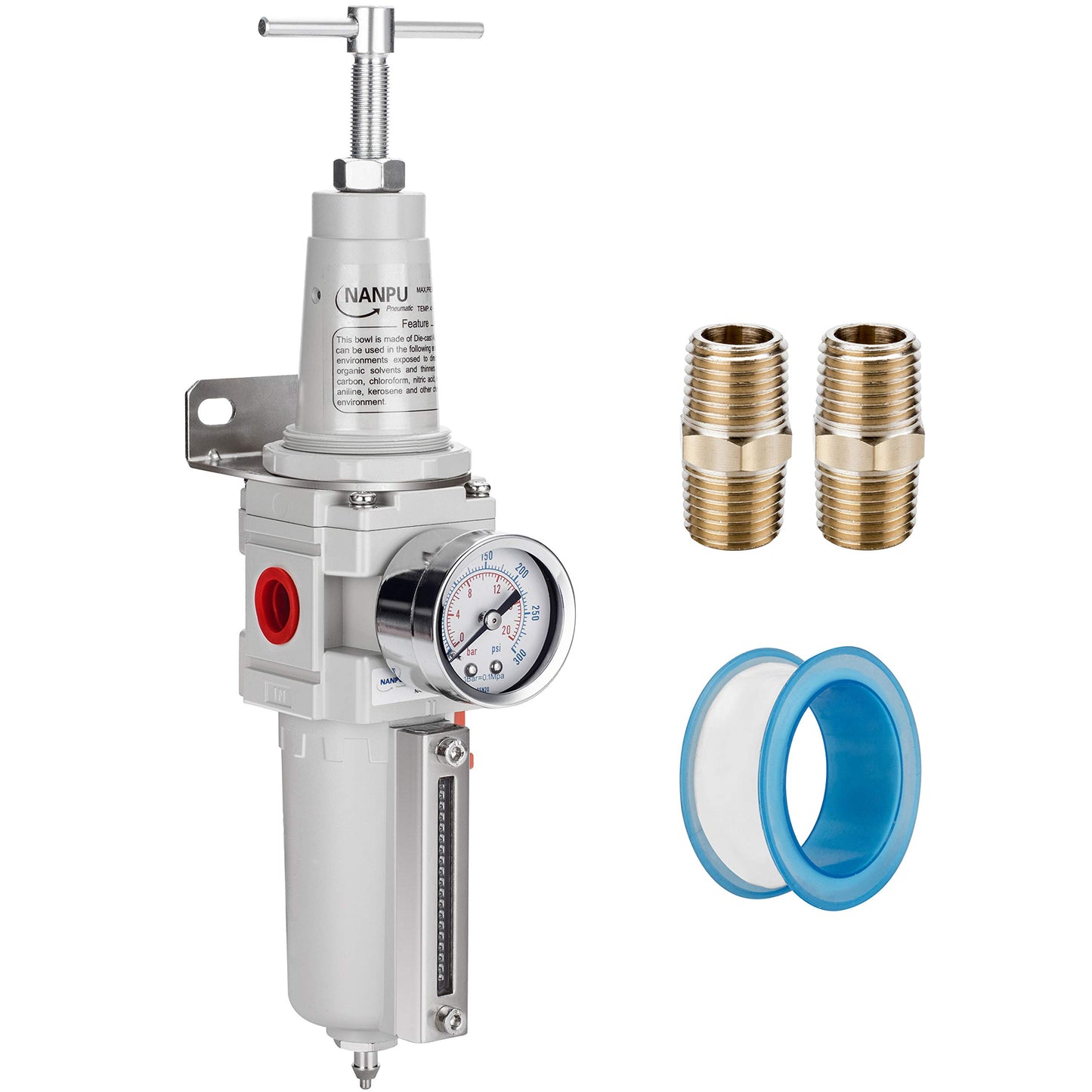 NANPU 1/2" NPT High Pressure Air Filter/Regulator Combo, T-Handle, Semi-Auto Drain, 0-300 Gauge, Metal Bowl