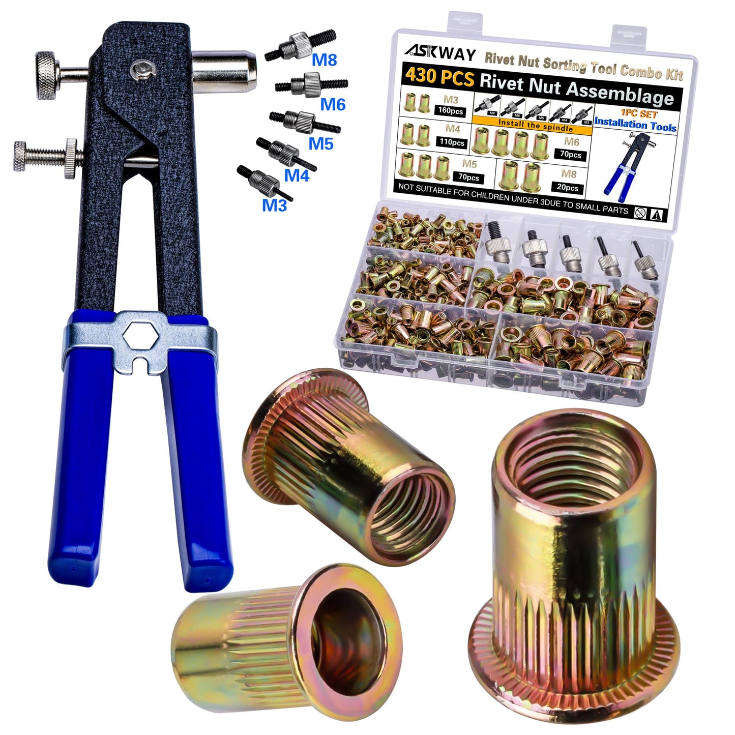 ASKWAY Pressure Rivet Nut Tool Kit, 430Pcs Metric Rivet Nut Combination (M8/M6/M5/M4/M3), Suitable for Furniture, Decoration, Automotive, Marine and Industrial Applications (CarbonSteelRivetNutTool)