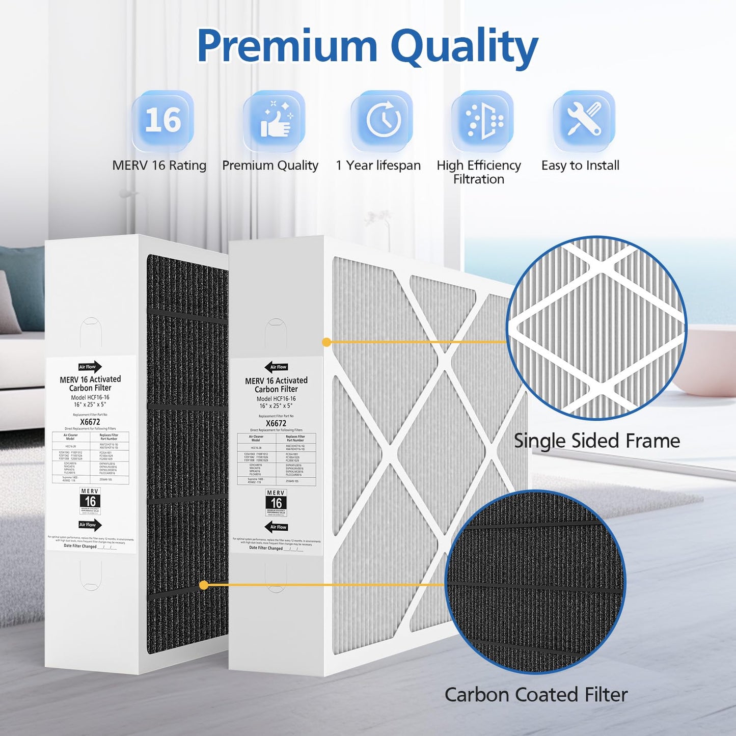 2 Pack X6672 16x25x5 MERV 16 Filter Compatible with Lennox X6672 and Lennox HCC16-28 Healthy Climate Carbon Clean MERV 16 Home Furnace Filter for HVAC System, Part Number HCF16-16, HCF16-10