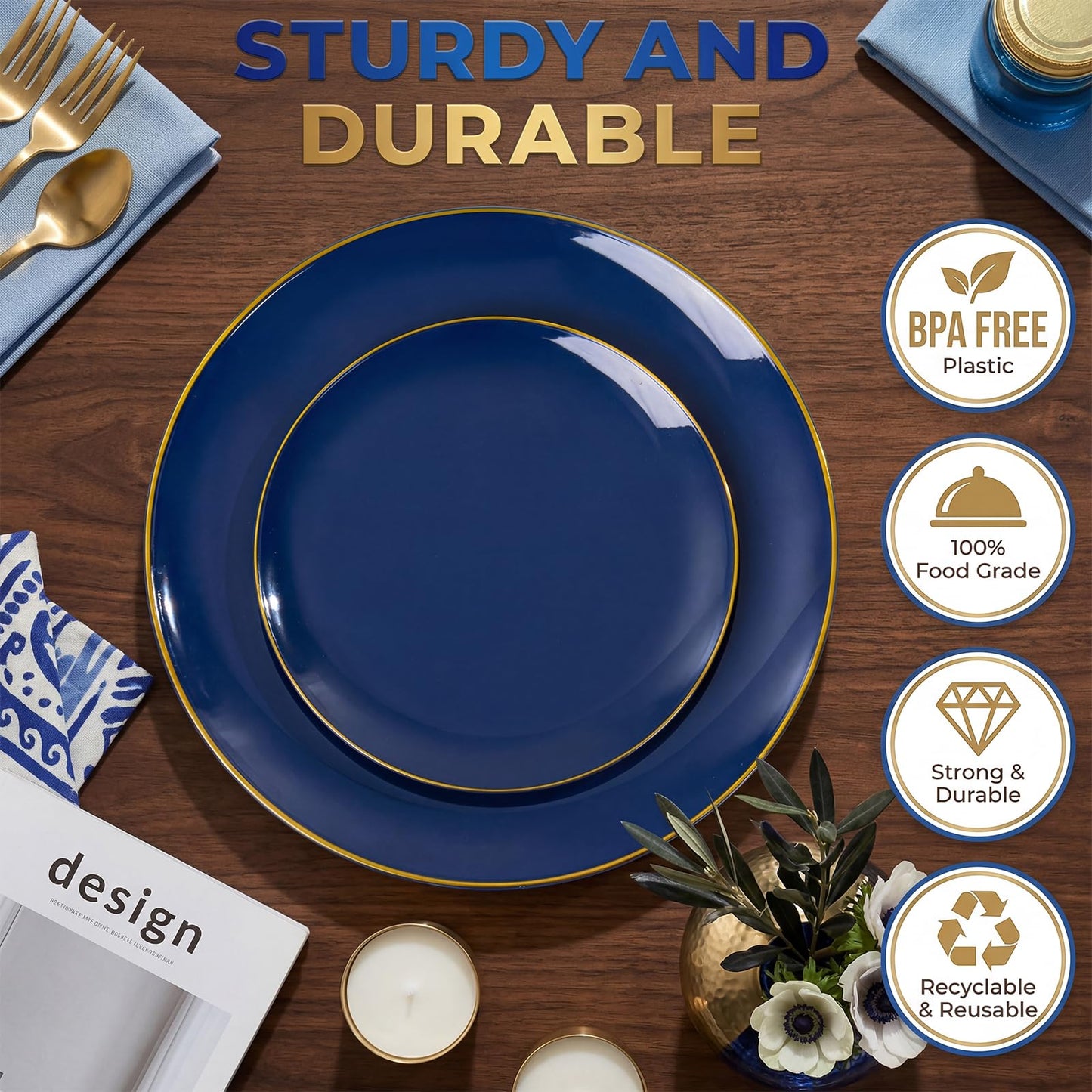 KIRE 175Pcs Blue Plastic Plates - Navy Blue Plates Disposable - 25 for Dinner 25 for Dessert 25 Pre Rolled Napkins with Gold Plastic Silverware and 25 Cups for Memorial Day/Graduation/Father's Day