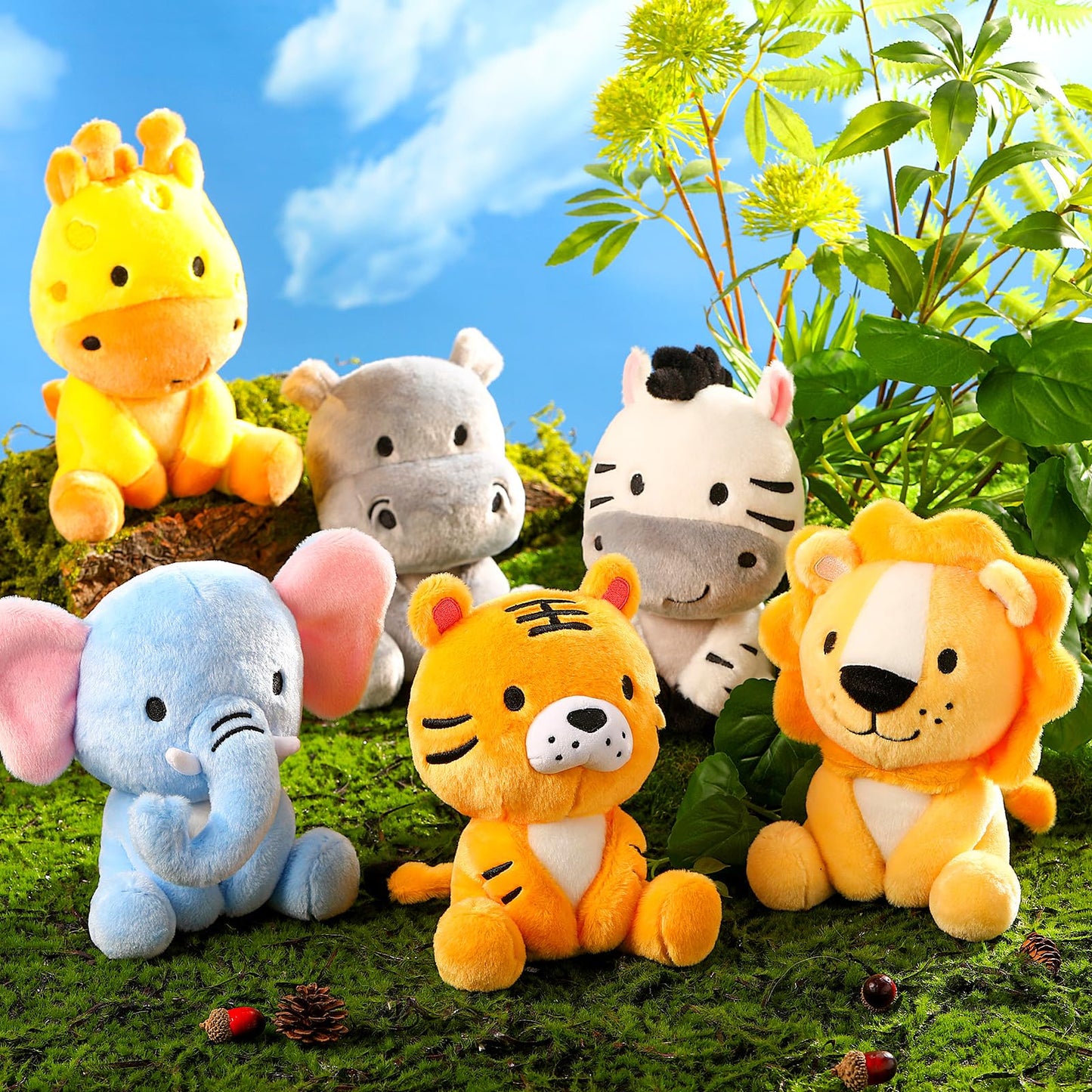 RoundFunny 6 Pcs Small Stuffed Safari Animals Bulk, 7 Inch Jungle Animals Stuffed Toys, Adorable Plush Lion Zebra Giraffe Tiger Hippo Elephant for Baby Shower Safari Jungle Themed Party Student Award