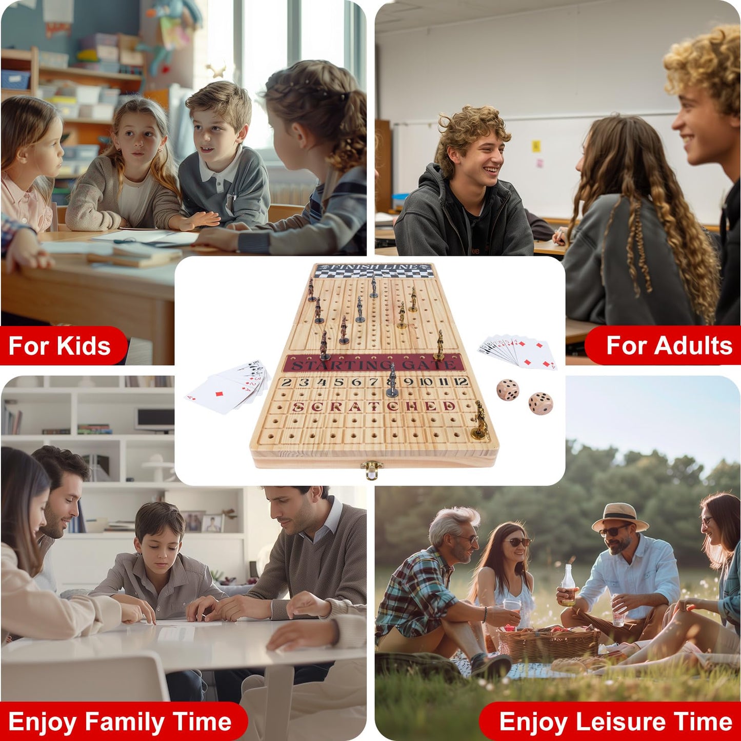 Offelec Large 23 inches Horse Race Board Game, Premium Durable Foldable Wooden Box, Horse Racing Game with 11 Retro Metal Horses, 2 Dices and 2 Playing Cards Fun Family Night Games for Adults Kids