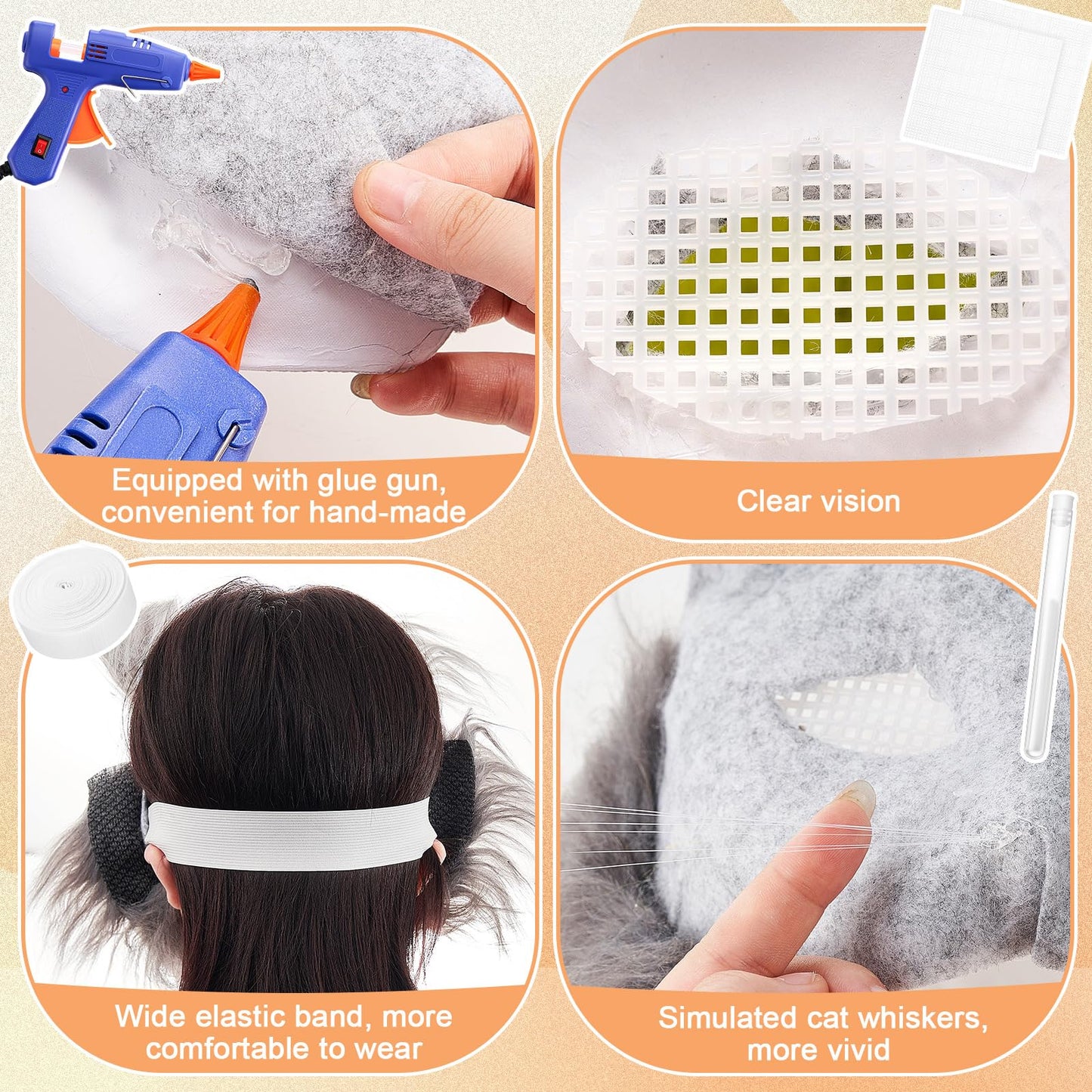 Seenelling 33 Pcs Therian DIY Mask Kit for Beginners Including Blank Cat Mask Faux Fur Fabric Felt Fabric Plastic Mesh Sheet(Warm Colors)