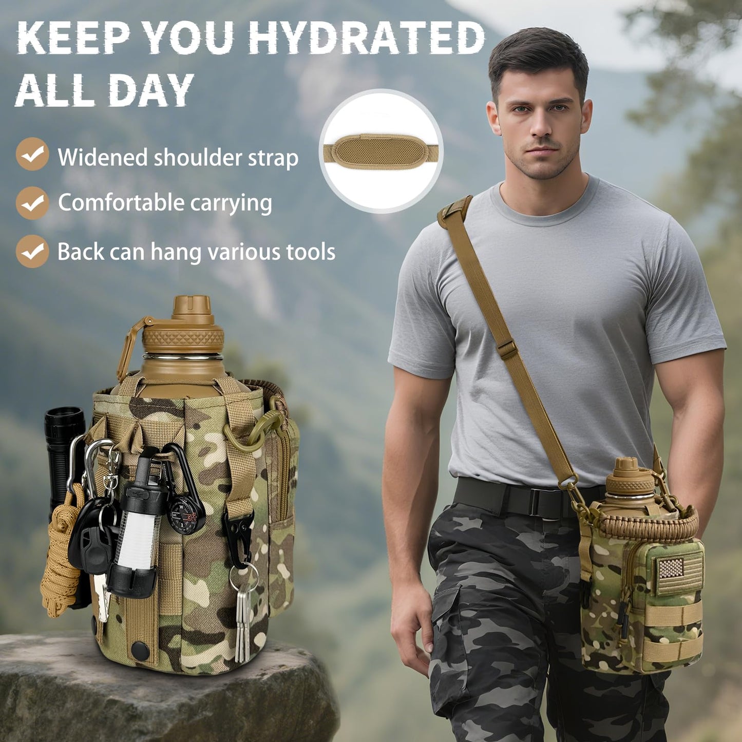 DEFUNX Half Gallon Water Bottle Insulated with Sleeve - Tactical 64 oz Stainless Steel Water Jug with MOLLE Water Bottle Pouch, Gym Water Bottles for Men Hiking Workout (CP Camo)