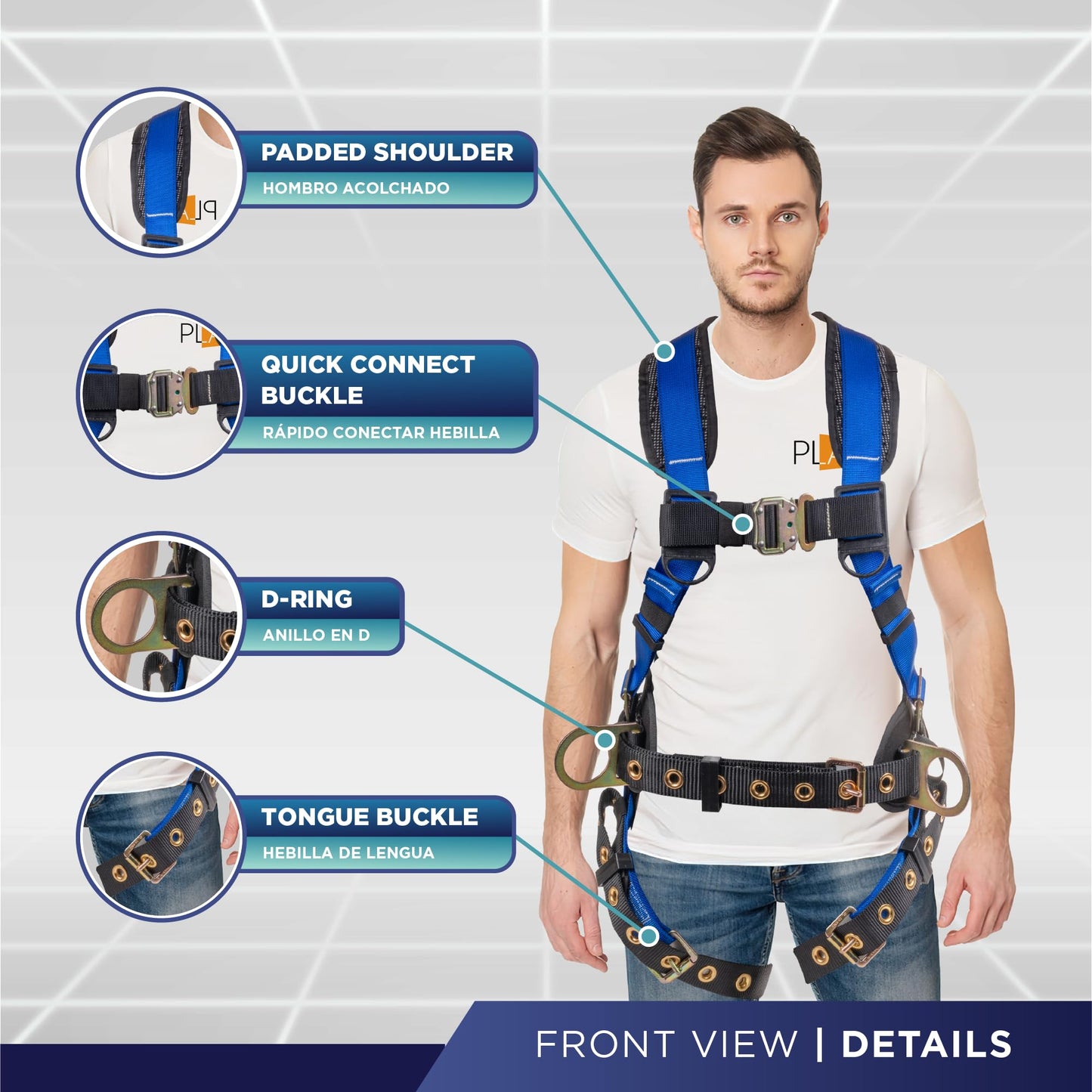 Palmer Safety Fall Protection Full Body 5 point Harness, Padded Back Support, Quick-Connect Buckle, Grommet Legs, Back&Side D-Rings, OSHA ANSI Industrial Roofing Tool Personal Equipment (Blue - XLG)