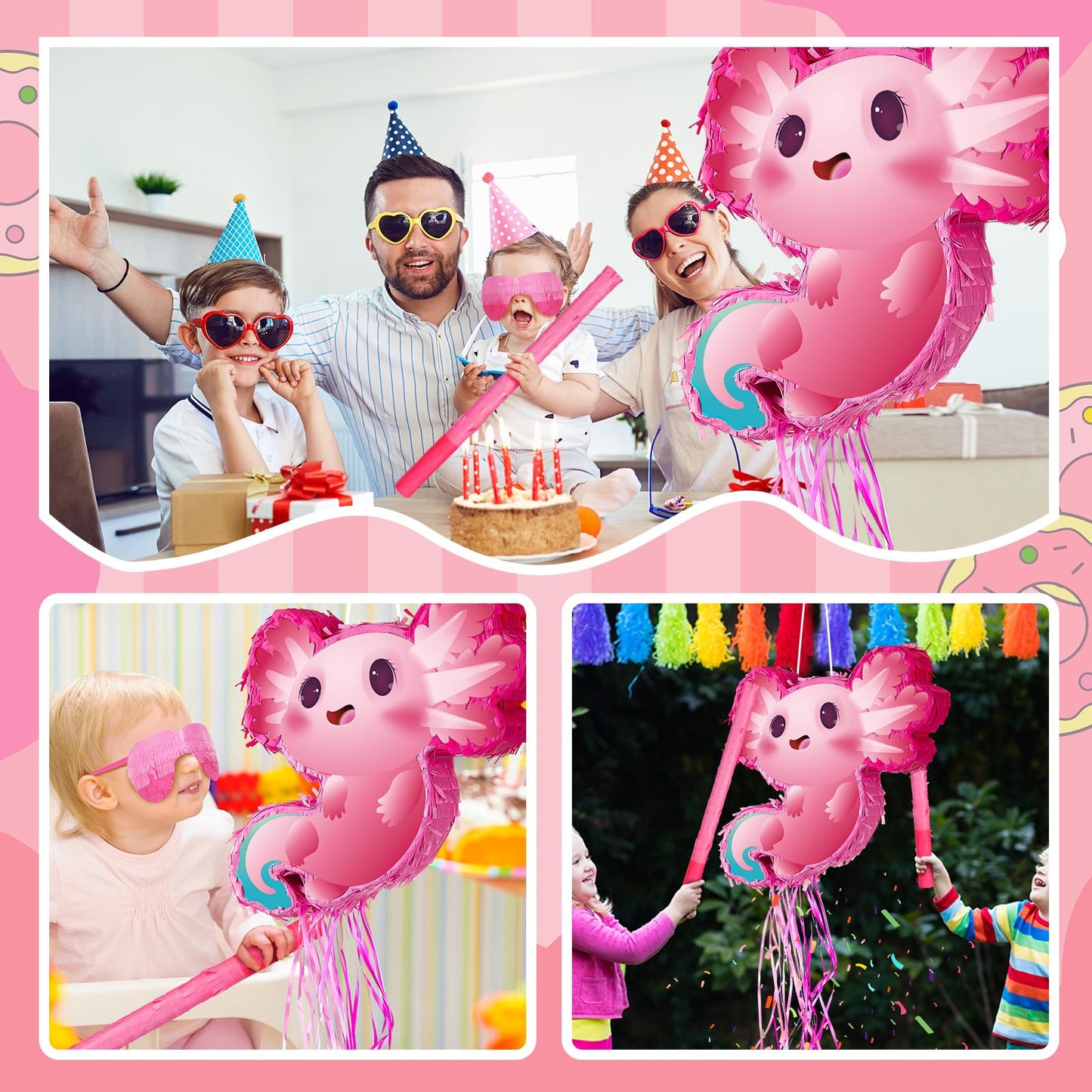 Seematn Axolotl Piñata Birthday Party Supplies Animals Piñata with a Blindfold, Bat and Confetti for Axolotl Party Favor Kid Girl Birthday Baby Shower Supplies, 15. 75 x 12. 2 x 2. 95 Inch