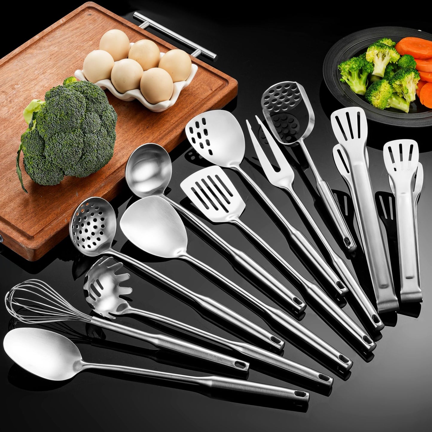 NIITAWH Stainless Steel Kitchen Utensils 12 Pcs, Small Cooking Utensils Set,Spatulas,Ladle,Skimmer,Tunners,Serving Spoon,Spaghetti Spoon,Fork,Potato Masher,Egg Whisk,Tongs,Dishwasher Safe