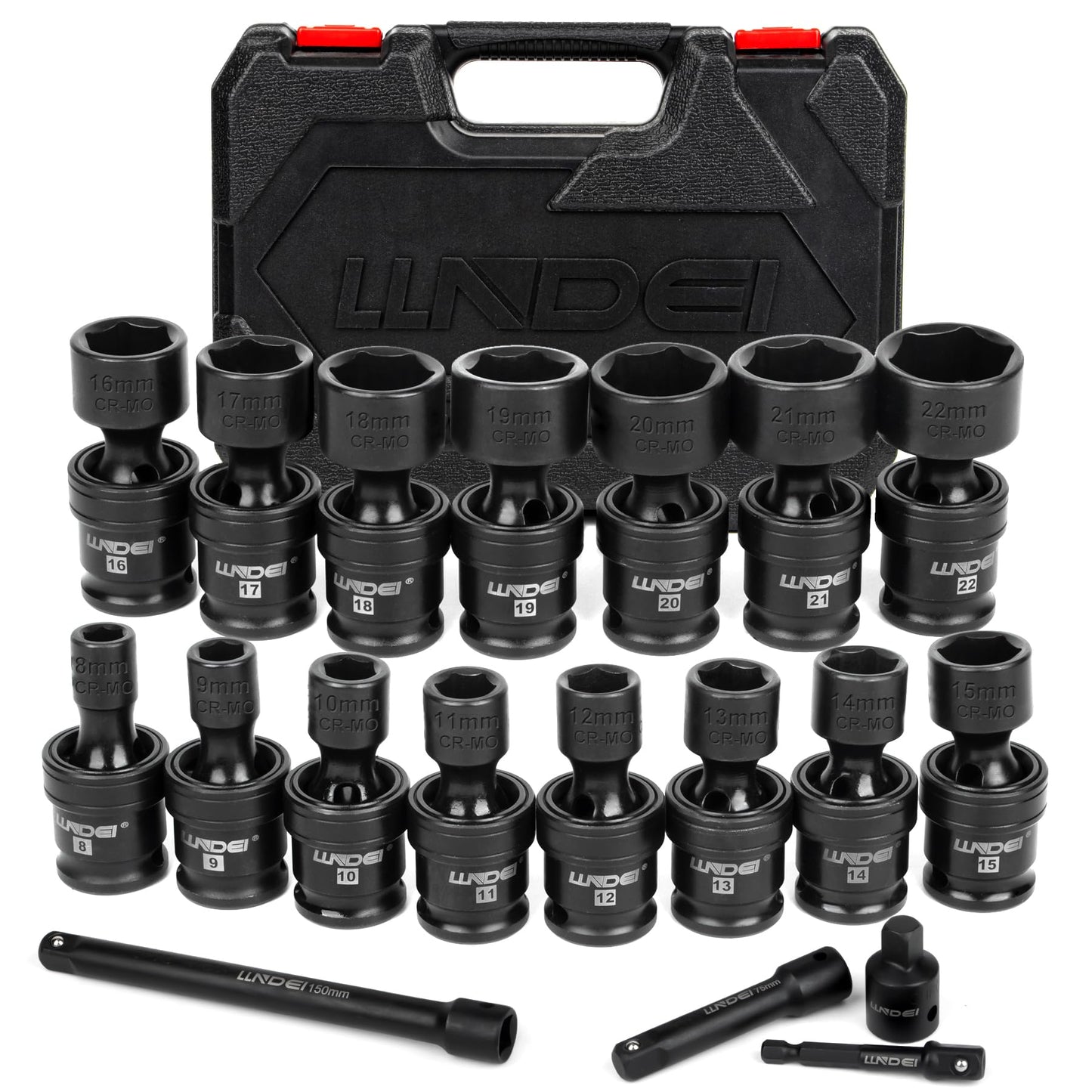 LLNDEI 3/8" Drive Universal Impact Socket Set, 19 Pieces CR-MO Swivel Socket Set, Metric(8-22mm) Wobble Sockets 6 Point with Extension Bars, Adapter and Black Organizer
