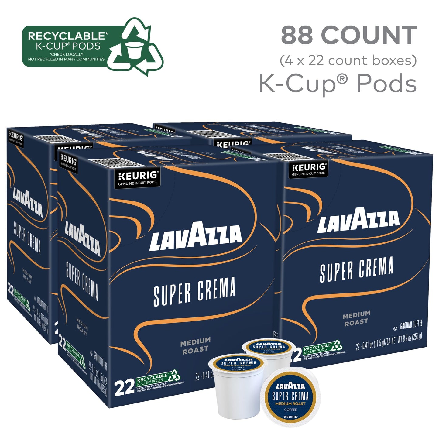 Lavazza Super Crema, Single Serve Keurig K-Cup Pods, Medium Espresso Roast Coffee, 88 Count (4 Packs of 22)