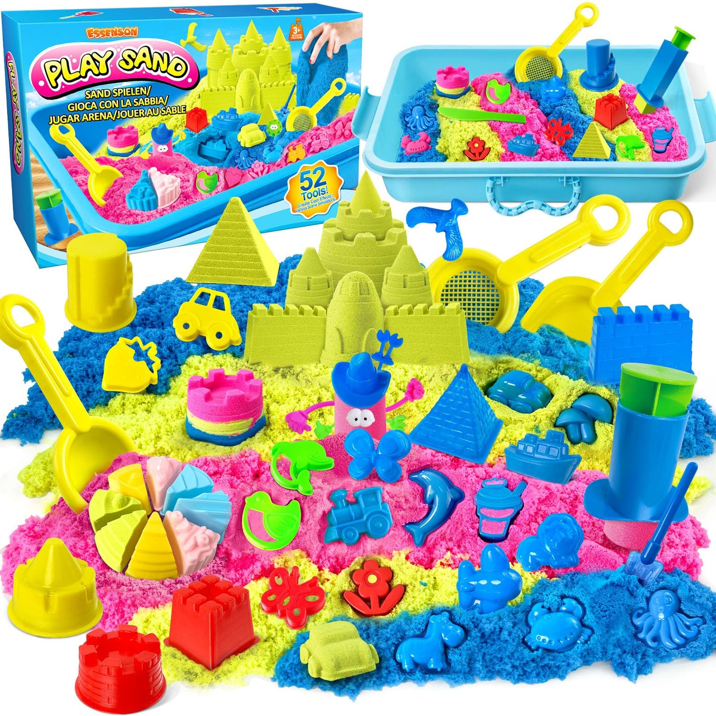 Sensory Bin - 52 PCS Play Sand Kit with 3lbs Magical Sand, Beach Toys Castle Molds Sand Molds, Sensory Toy Sandbox, Kids Gifts for Girls and Boys