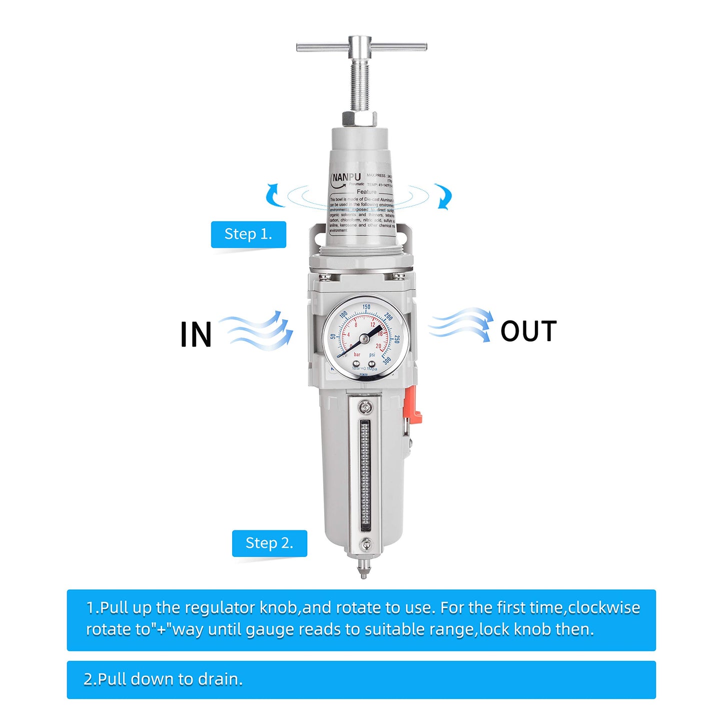 NANPU 1/2" NPT High Pressure Air Filter/Regulator Combo, T-Handle, Semi-Auto Drain, 0-300 Gauge, Metal Bowl