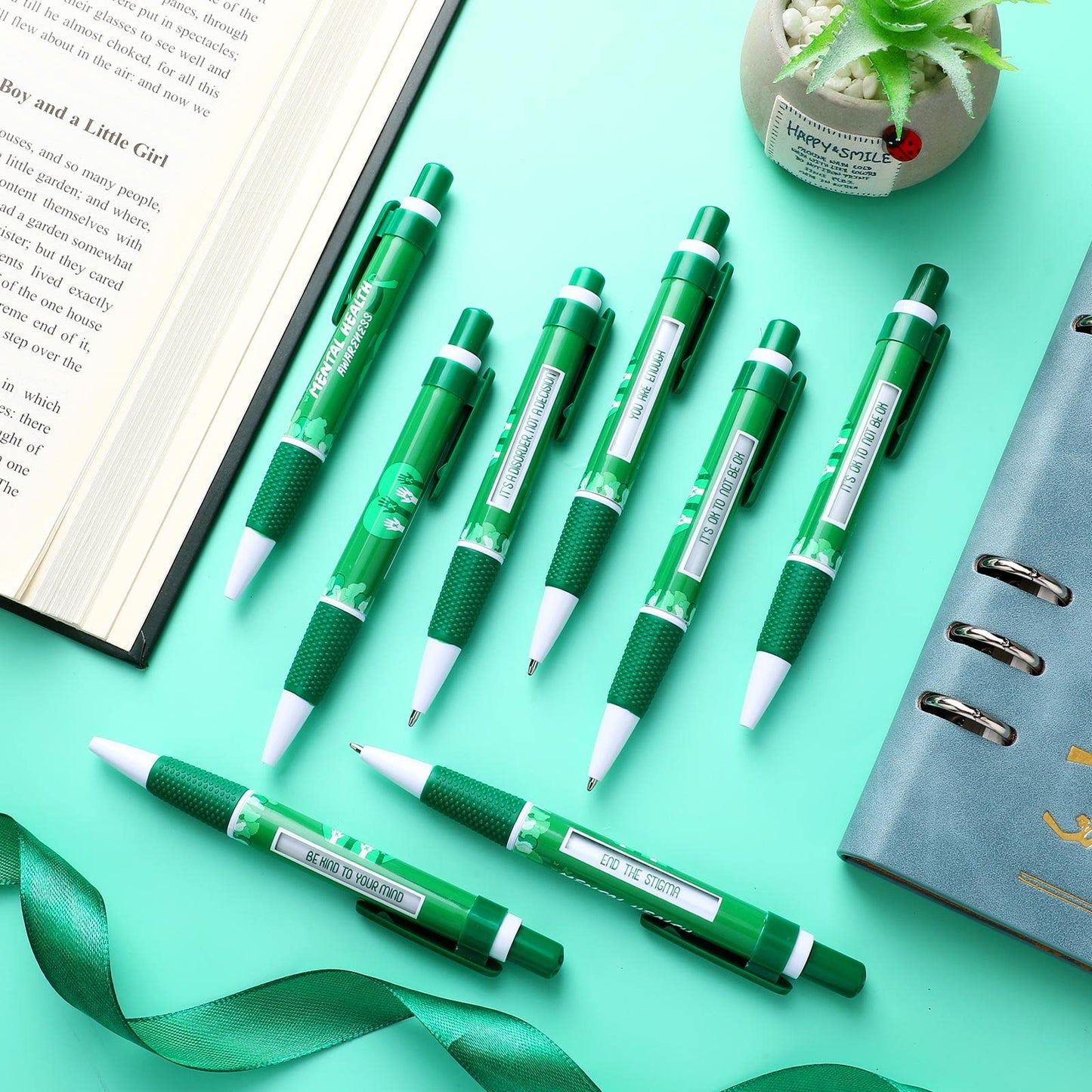 100 Pcs Mental Health Awareness Items Green Ribbon Message Pens World Mental Health Day Retractable Ballpoint Pen for School Nonprofit Organization Charity Classroom Supply Kid Gift 1.0 mm Black Ink