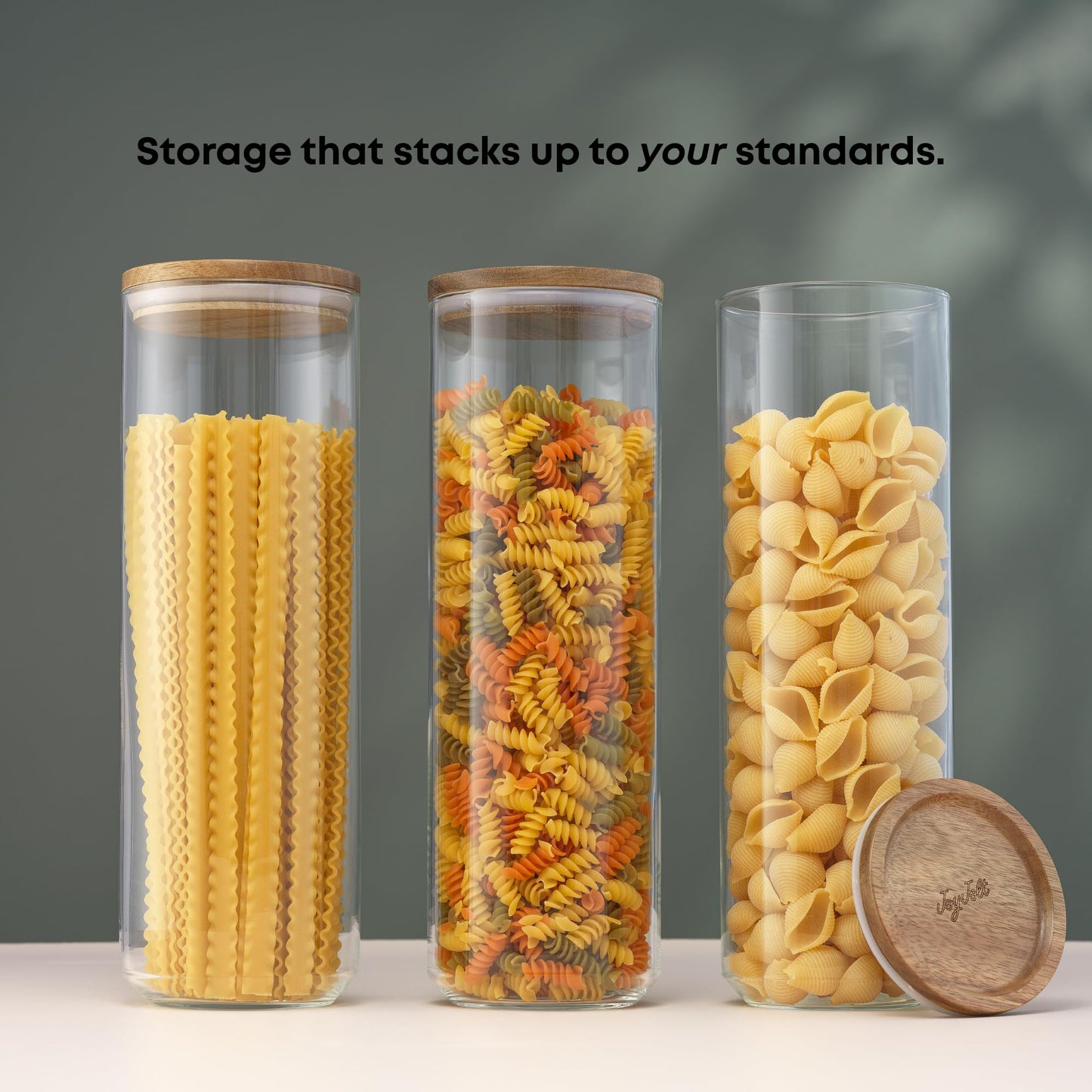 JoyJolt Holden 72oz Stackable Glass Storage Containers with Lids, Large Kitchen Food Storage Canisters with Acacia Wood Lids, Airtight Canister Set of 3 for Pasta Sugar Flour, Pantry Organization