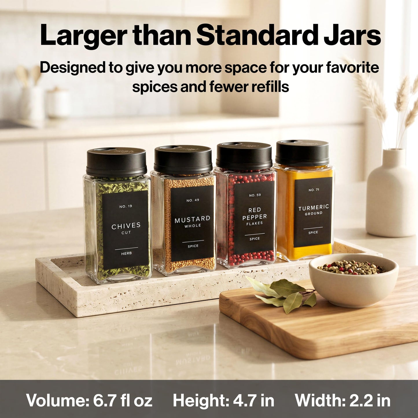 EDELHAUS Glass Spice Jars with Labels & Black Rotating Lids – 12 Large Square Airtight Containers 6.7 oz / 200ml with Shaker Inserts, Funnel & 160 Waterproof Labels for Kitchen Pantry Organization