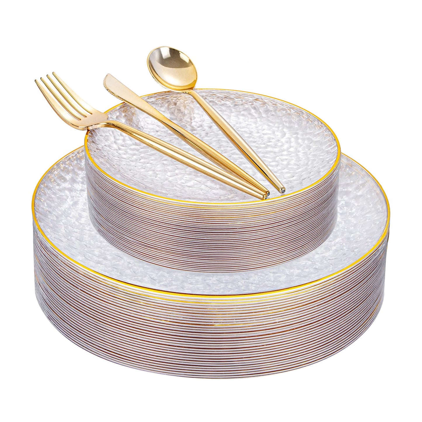Rubtlamp 150Pcs Plastic Plates, Heavy Duty Clear Plates With Gold Rim, Hammered Gold Dinnerware Set Include 30 Dinner Plate, 30 Dessert Plate, 90 Plastic Silverware