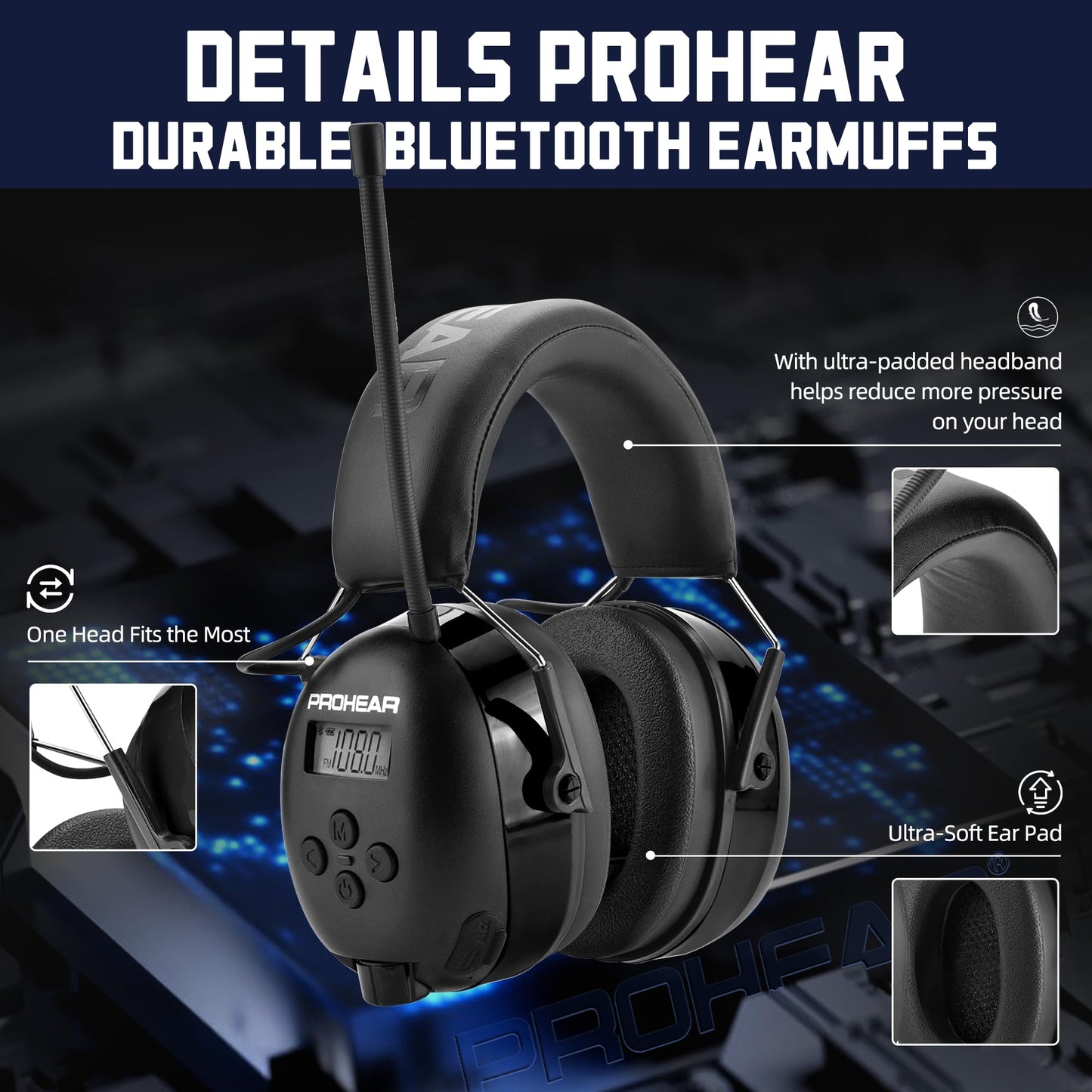 PROHEAR 033 Upgraded Bluetooth 5.4 Hearing Protection Headphones with FM/AM Radio, OSHA-Compliant 25dB NRR Safety Earmuffs, Rechargeable 48H Playtime for Mowing, Workshops and Snowblowing – Black
