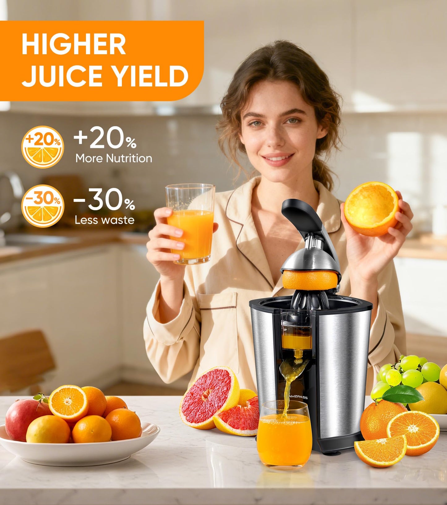 Amzpass Electric Orange Juicer, Citrus Juicer Squeezer with 2 Cones and Soft Grip Handle for Effortless Juicing, Stainless Steel Quiet Orange Juice Extractor Machines for Lime Grapefruit Lemon