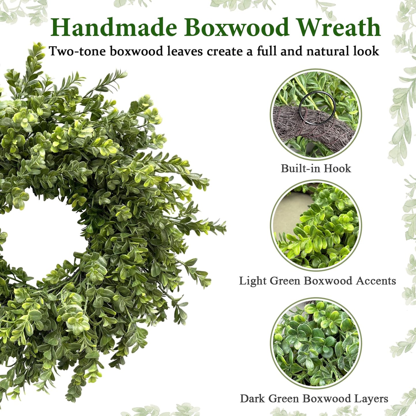 Presentastic 26 Inch Large Boxwood Wreaths for Front Door, Spring & Summer Artificial Wreath with Patriotic & Burlap Sash, Faux Greenery Year-Round Farmhouse Wedding Porch Window, Indoor Outdoor Decor