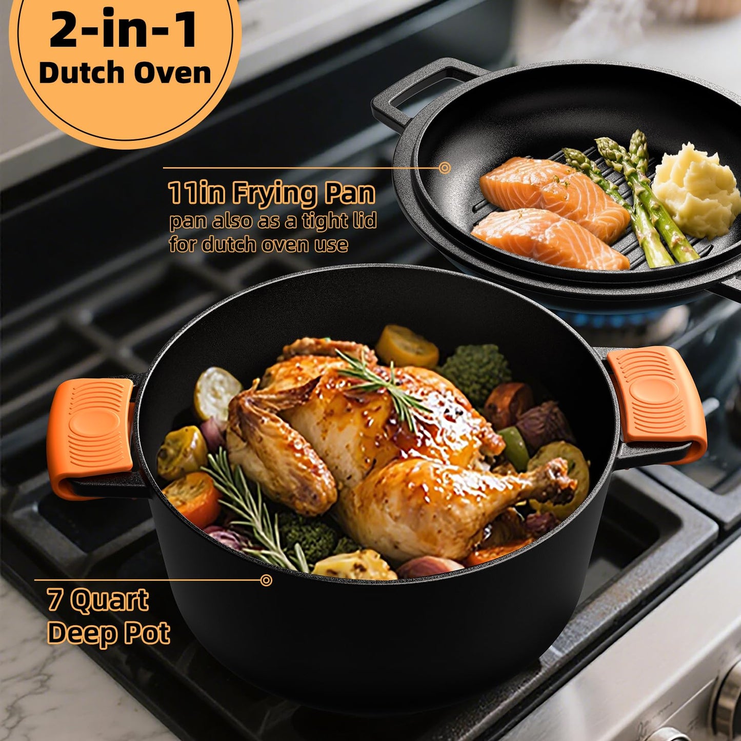 2-in-1 Pre-Seasoned Cast Iron Double Dutch Oven Pot with Skillet Lid & Silicone Sleeves – Raised Rib Skillet Lid– Umite Chef 7QT Cast Iron Skillet Cookware Pan Set wirh Dual Handles – Oven, Grill, Campfire & Stovetop Safe –PFAS-Free