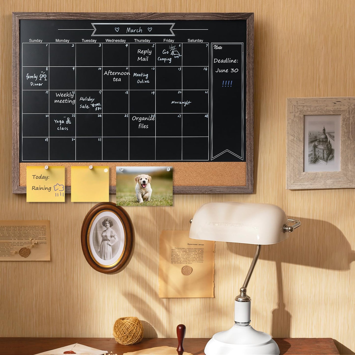 ARCOBIS Chalkboard Calendar with Cork Board, 24x18 Inch Wood Frame Bulletin Board for Wall, Magnetic Chalk Calendar Board with Chalk Markers, Push-Pins and Magnets,Grey