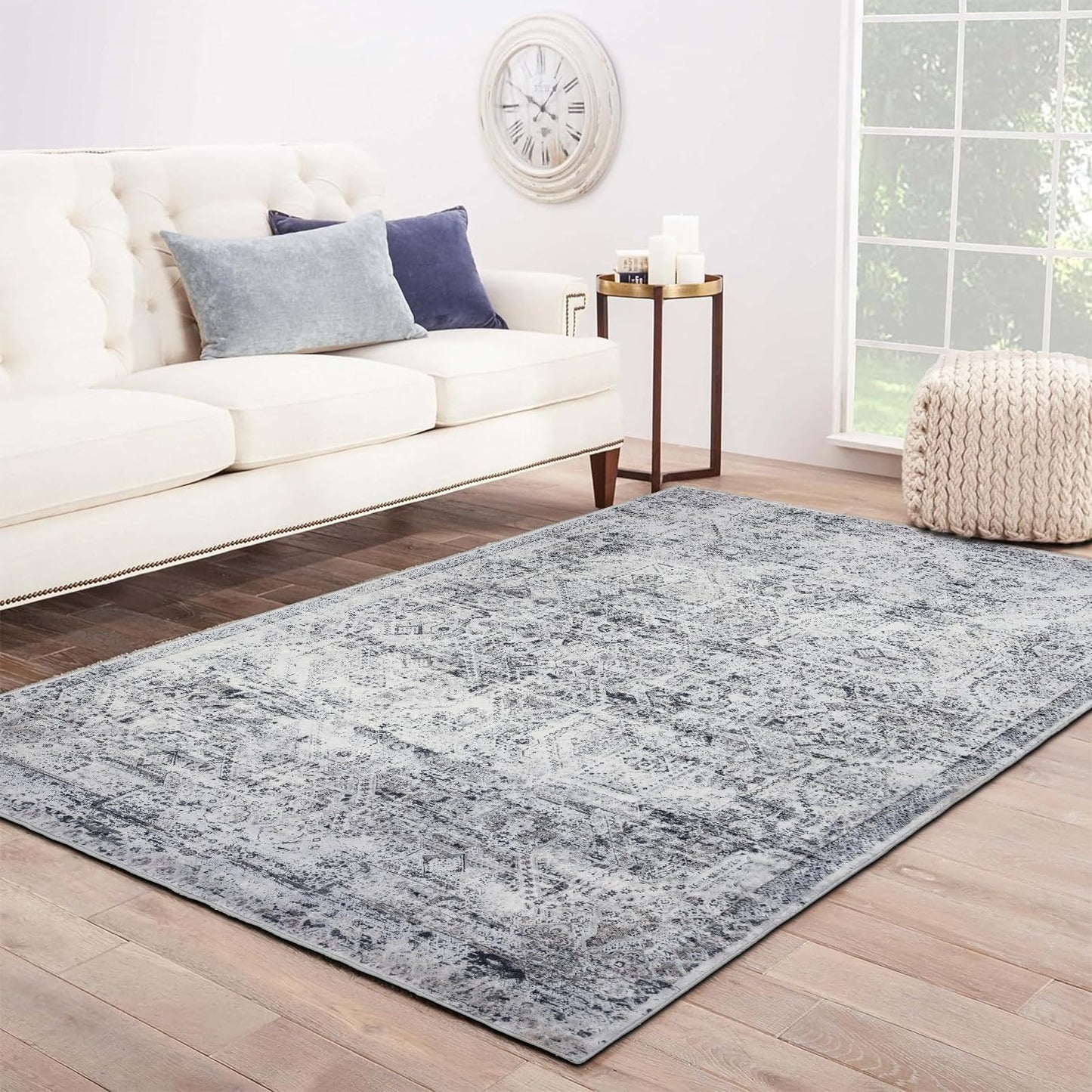 Domitapis Area Rug 5×7, Vintage Boho Rug,Ultra-Soft Low Pile, Washable, Non Slip,Stain Resistant Printed Carpet for Living Room Bedrooms Playroom Office Kitchen, Classic Grey.
